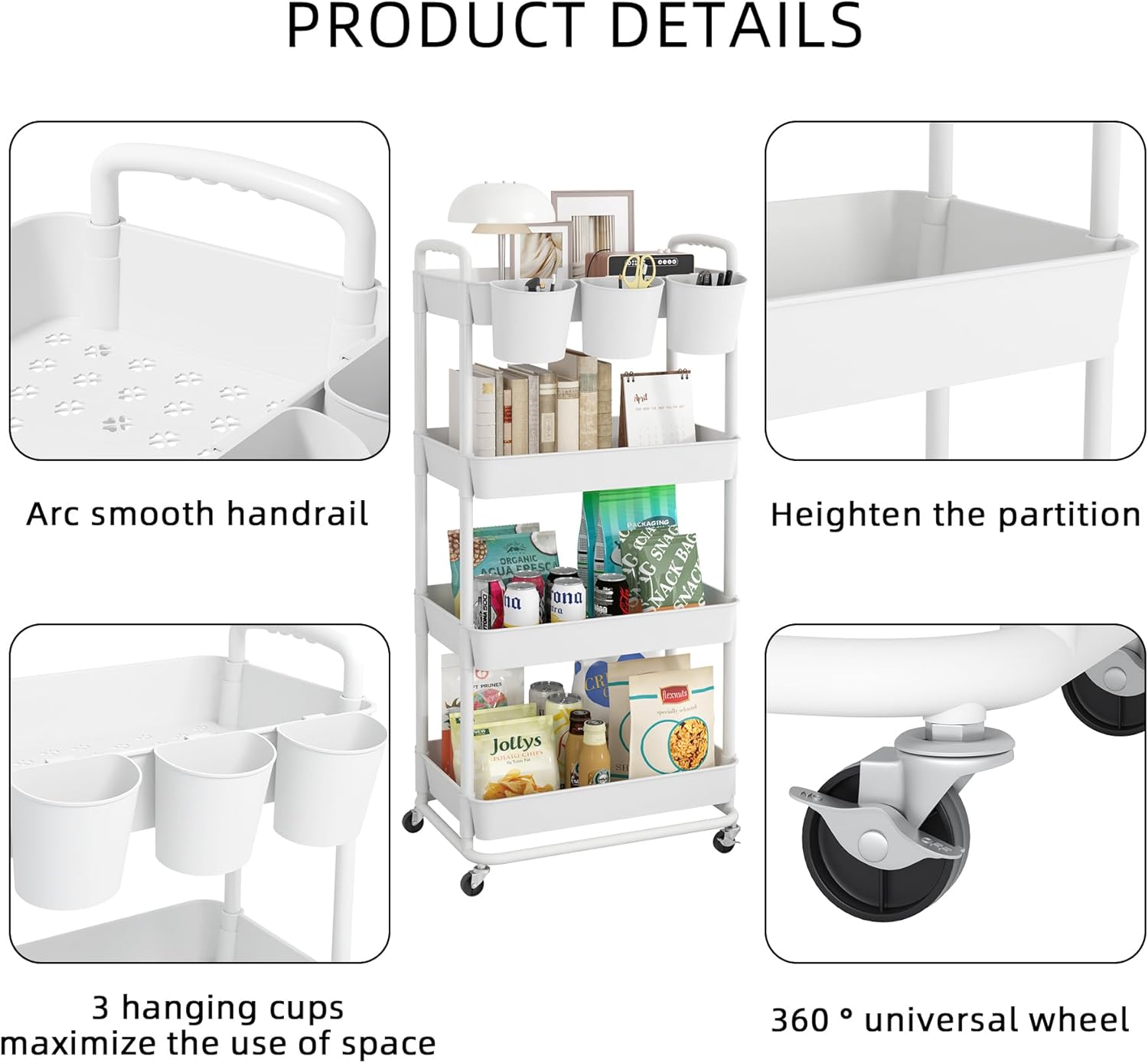 JIUYOTREE Carrito de almacenamiento de plástico de 4 niveles con asas de tazas colgantes adicionales, ruedas bloqueables para sala de estar, baño,