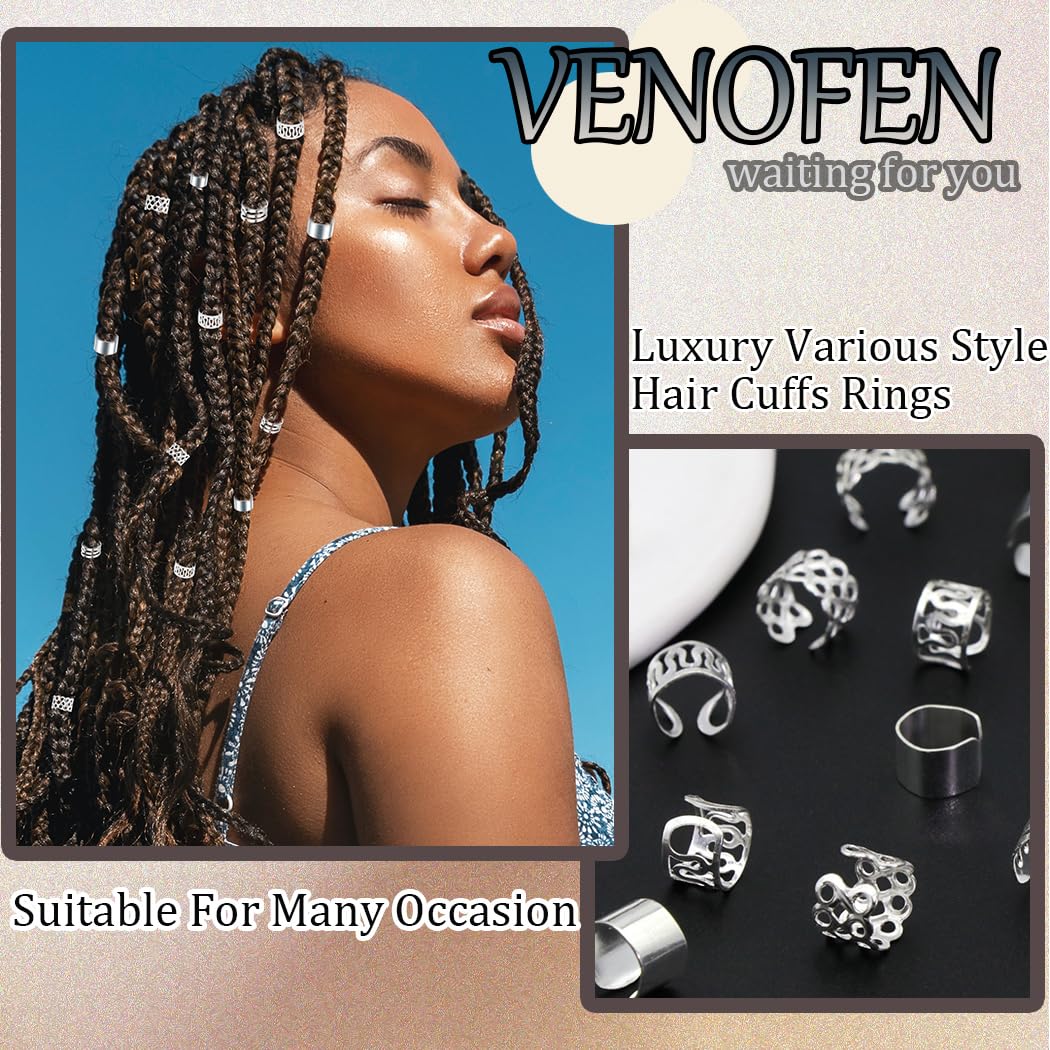VENOFEN 40 piezas de pulseras plateadas para el cabello, joyería de rastas, para trenzas, aleación de metal, joyería para el cabello, pinzas para