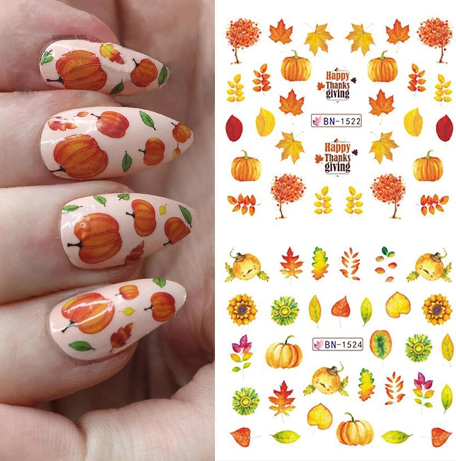 Calcomanías de arte de uñas de otoño, calcomanías de uñas de Acción de Gracias, hoja de arce, pavo, transferencia de agua, calcomanías de uñas de