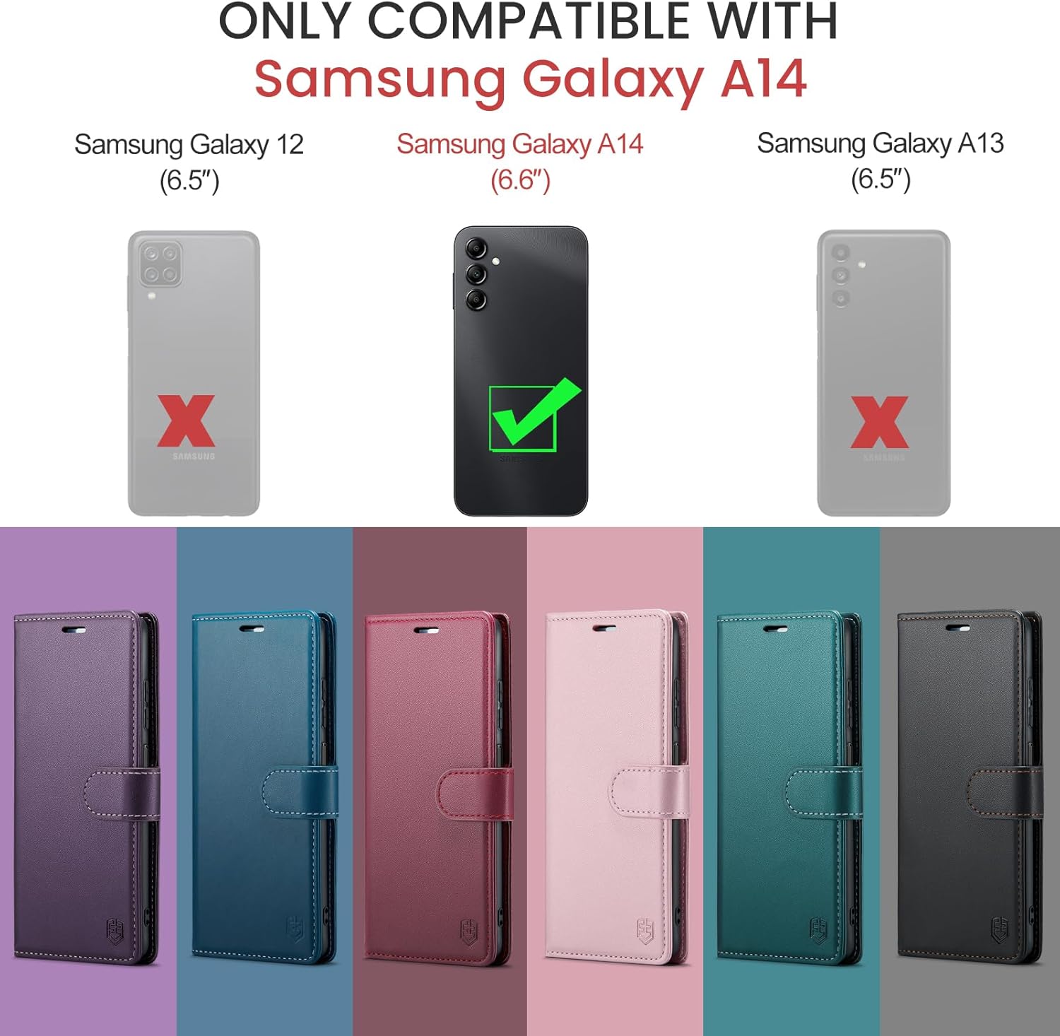 FLIPALM Funda tipo cartera para Samsung Galaxy A14 5G con bloqueo RFID, soporte para tarjeta de crédito, de piel sintética, función atril, funda