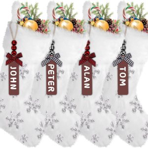 XIMISHOP 4 medias blancas de Navidad, copos de nieve grandes con purpurina de Navidad, decoración de calcetines colgantes con etiquetas de nombre XIMISHOP 4 medias blancas de Navidad, copos de nieve grandes con purpurina de Navidad, decoración de calcetines colgantes con etiquetas de nombre