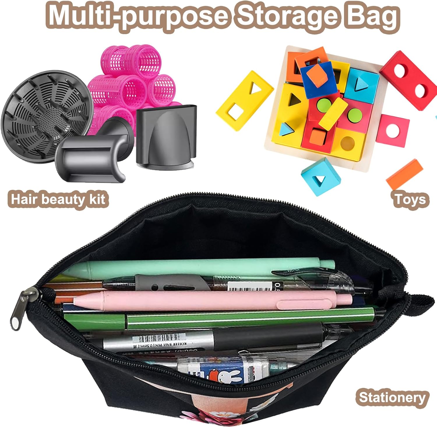 CTNUOBEE Bolsa de comestic con letras del alfabeto dorado con bolsa de maquillaje de flores, bolsa de viaje portátil con cremallera, bolsa de aseo