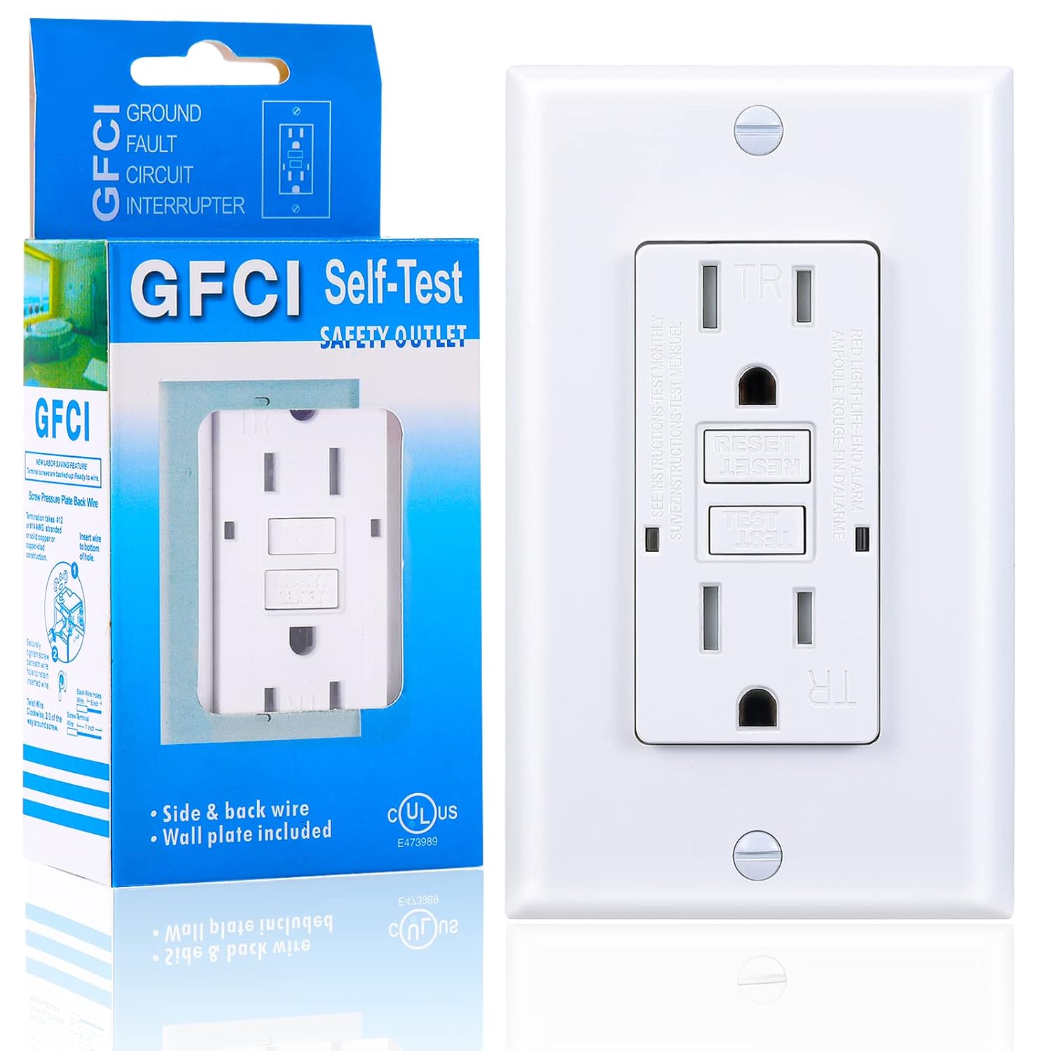 3GRACE Salida GFCI de 15 amperios, receptáculo GFI resistente a manipulaciones con indicador LED, interruptor de circuito de fallo de tierra de