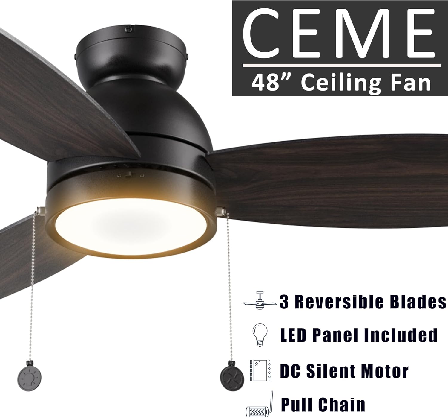 Ventiladores de techo negros de 48 pulgadas con luces, ventilador de techo CC reversible de 5 velocidades con cadena de tracción, 3 colores de luz