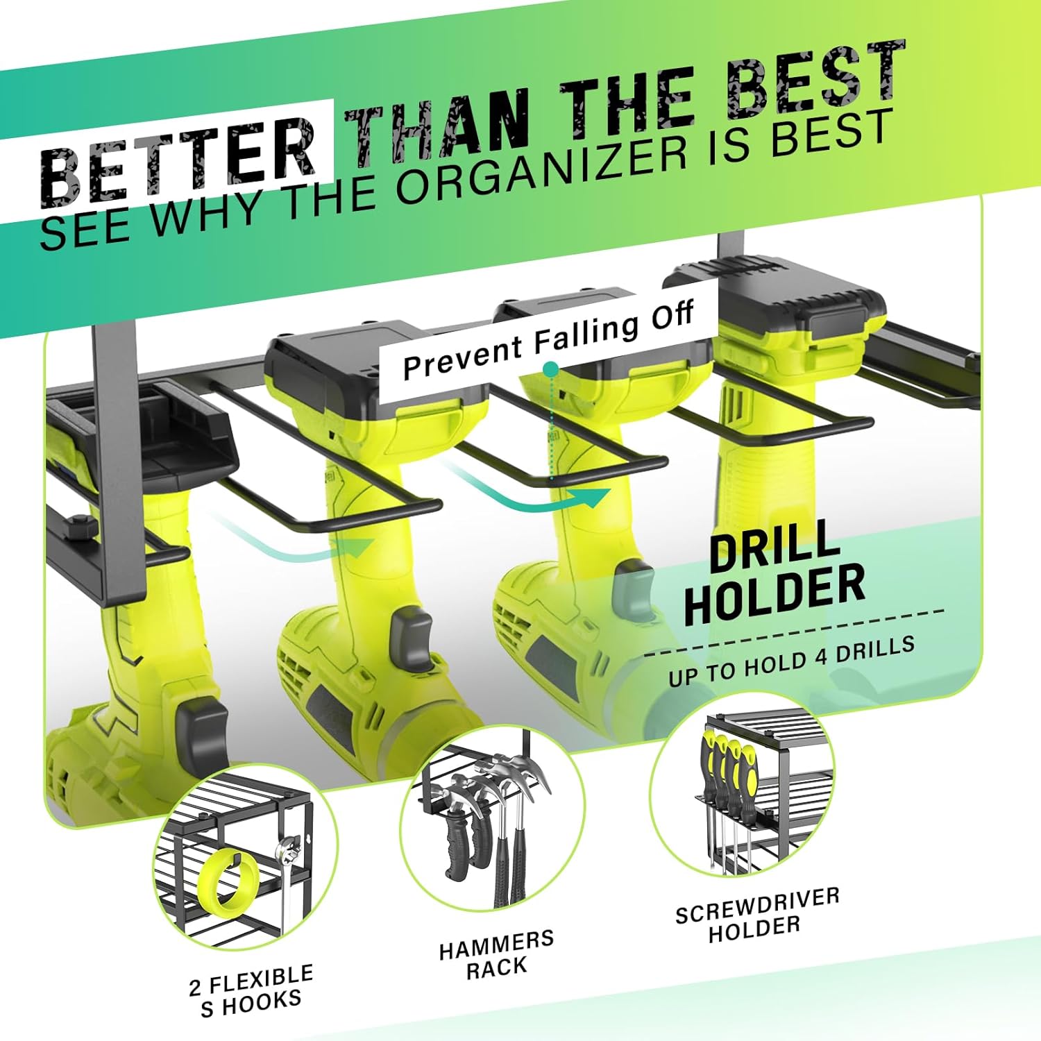 Organizador de herramientas eléctricas de acero resistente de 3 niveles, negro mate, 3 capas, taladro inalámbrico, estante flotante montado en la