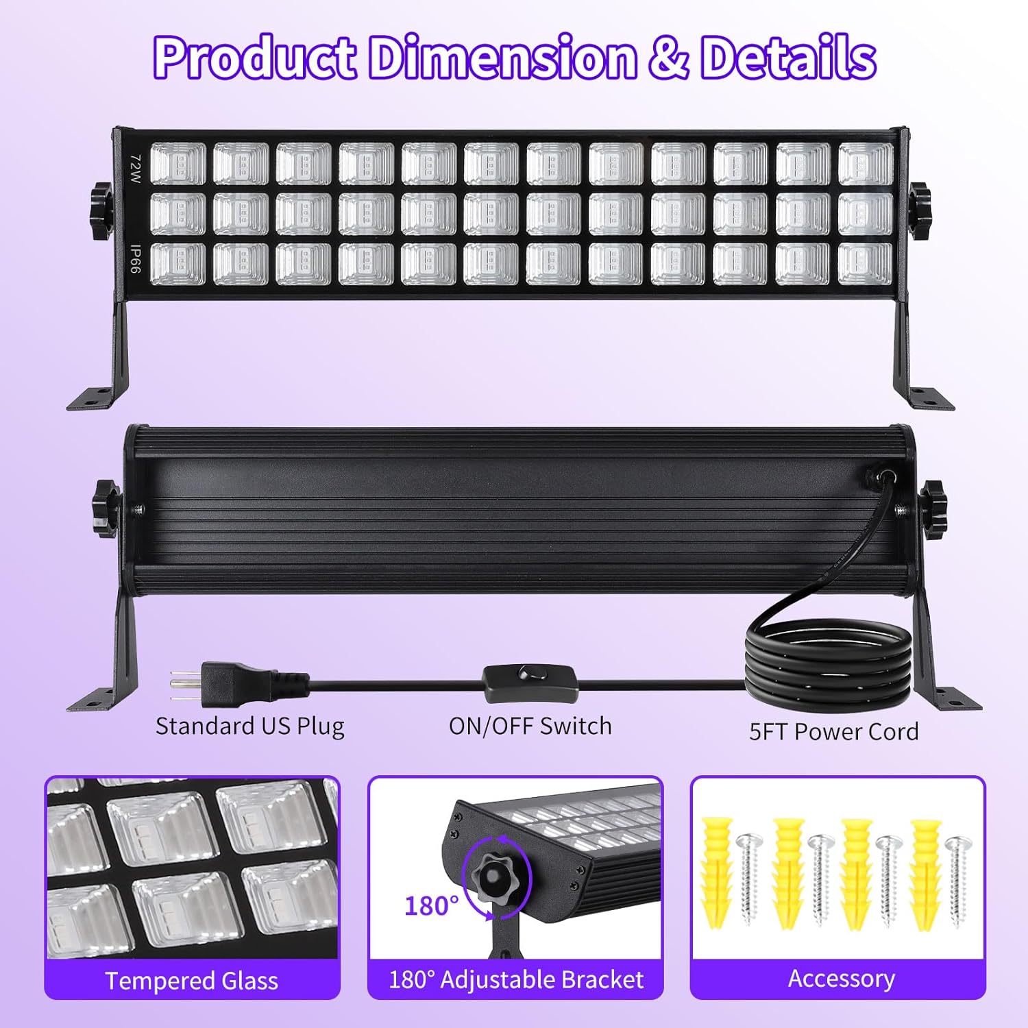 Barra de luz negra de 72 W IP66 impermeable, luz negra LED con enchufe+interruptor+cable de 5 pies, luces negras al aire libre con 108 LED, para