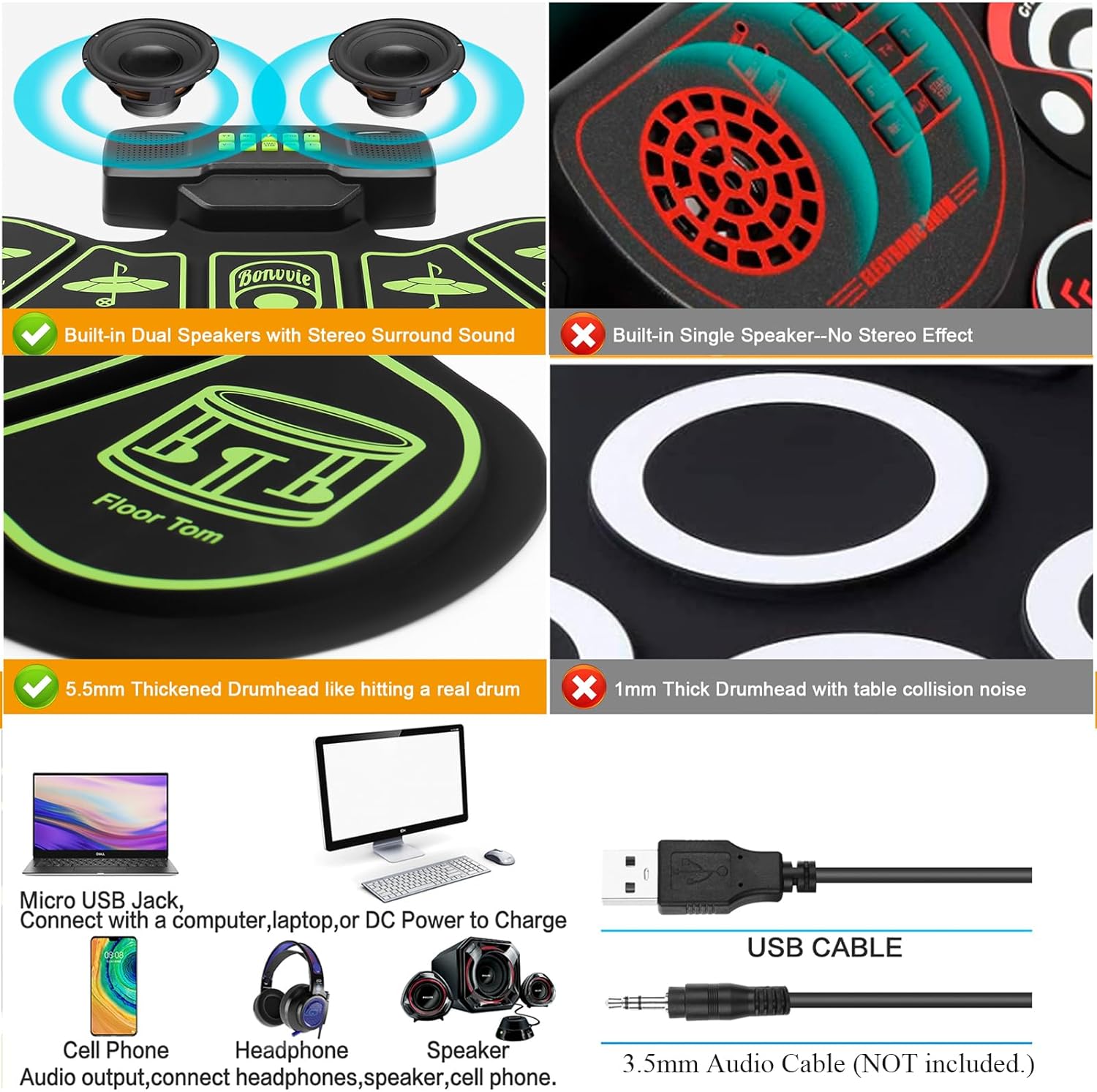 Kit electrónico de batería electrónica, tambor digital enrollable Bonvvie con 9 almohadillas, MIDI, DTC, altavoces duales integrados, batería