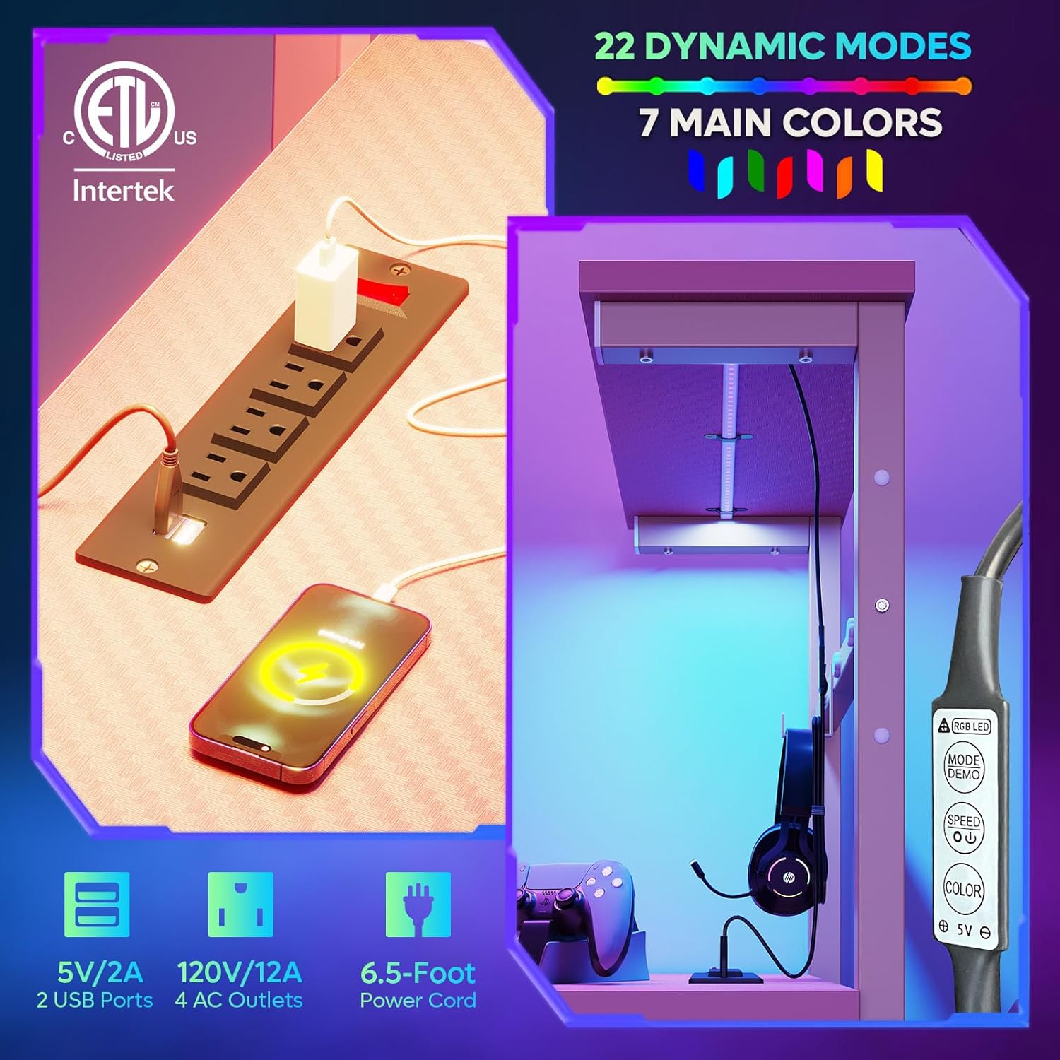 Bestier Escritorio rosa para juegos con tomas de corriente, escritorio LED para jugadores de 44 pulgadas con estantes reversibles de 4 niveles,
