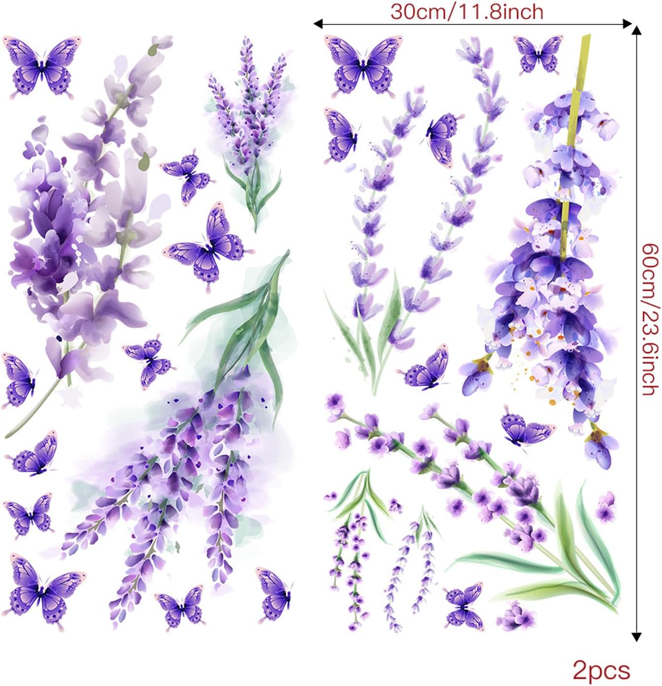 Payutou 2 hojas de calcomanías de pared de lavanda morada, flores, mariposas, bricolaje, acuarela, removibles, arte de pared para niños, niñas,