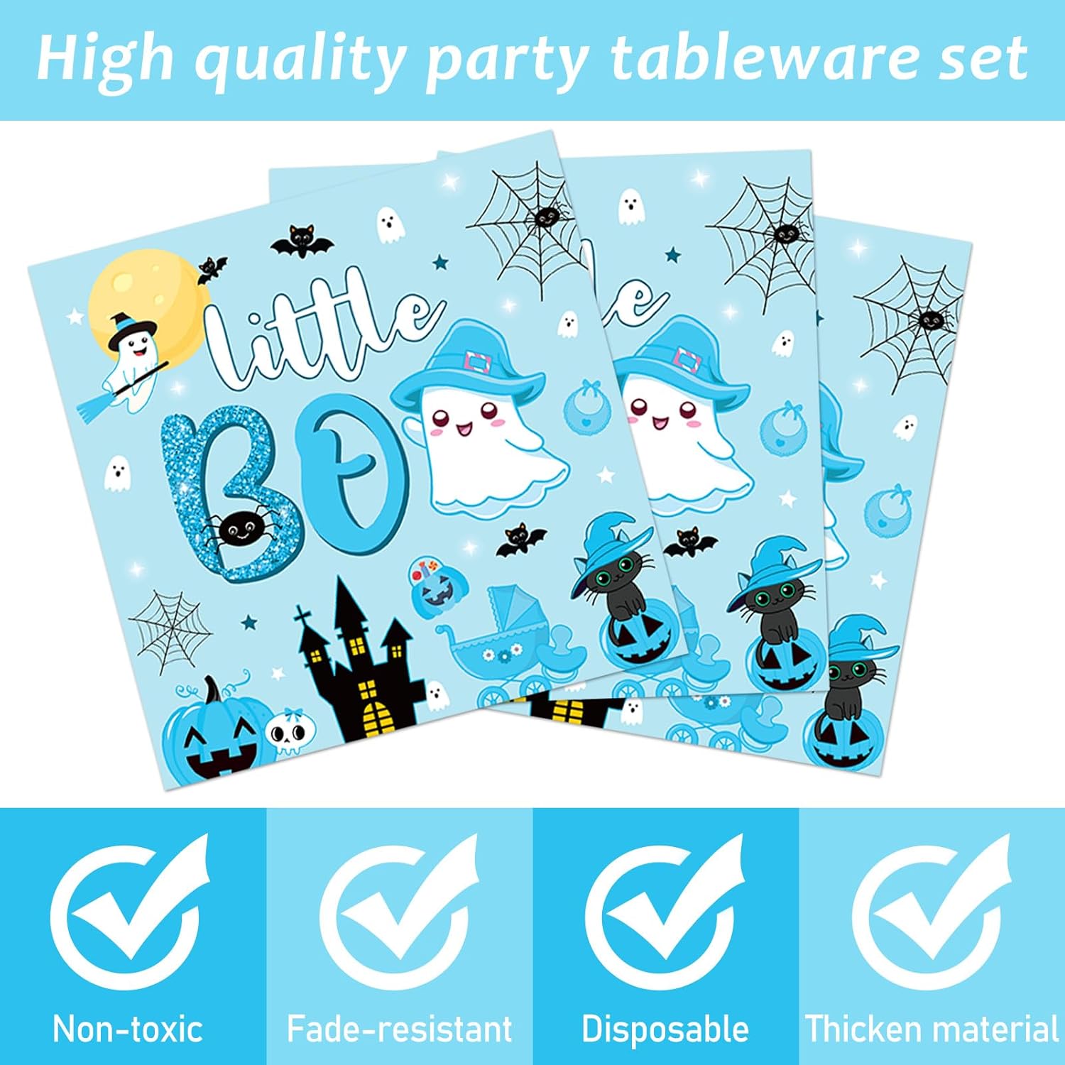 ZOIIWA Juego de 96 piezas de vajilla de Halloween Little Boo Baby Shower para niños, suministros de fiesta de fantasmas para 24 invitados, platos