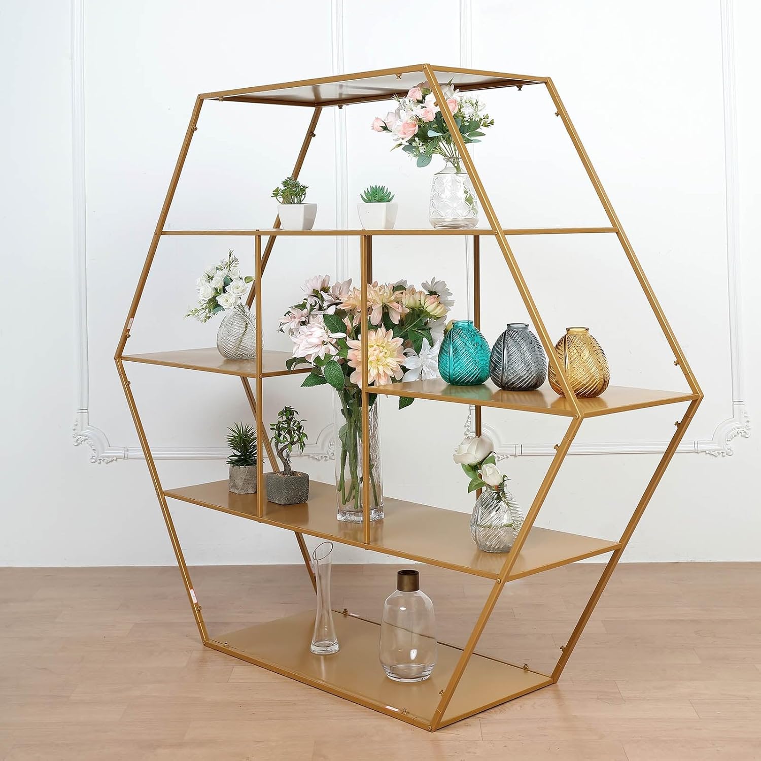 Efavormart – Soporte hexagonal grande de metal dorado para postres para tartas y postres, telón de fondo de arco de boda, estante para globos,