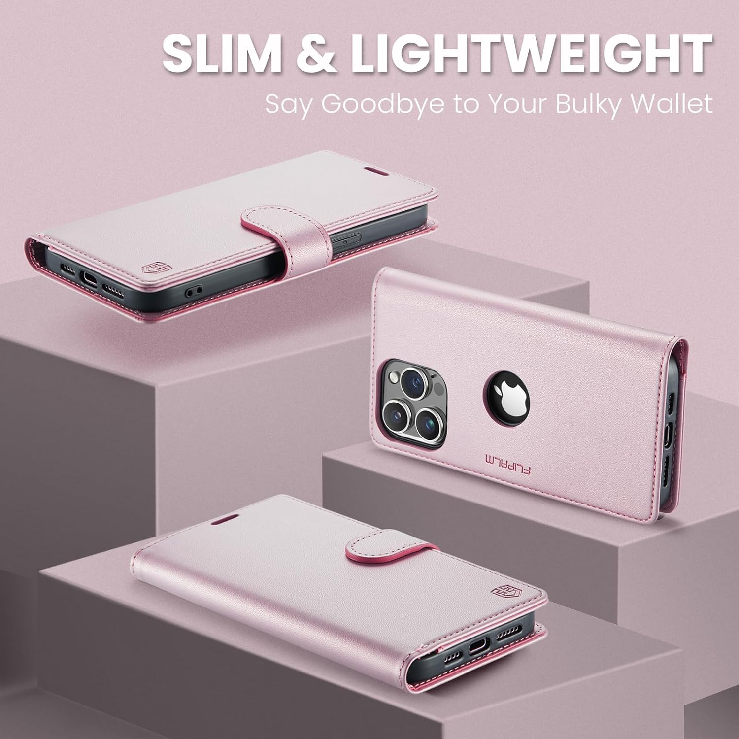 FLIPALM Funda magnética con logotipo para iPhone 14 Pro Max con bloqueo RFID, soporte para tarjetas de crédito, compatible con MagSafe piel