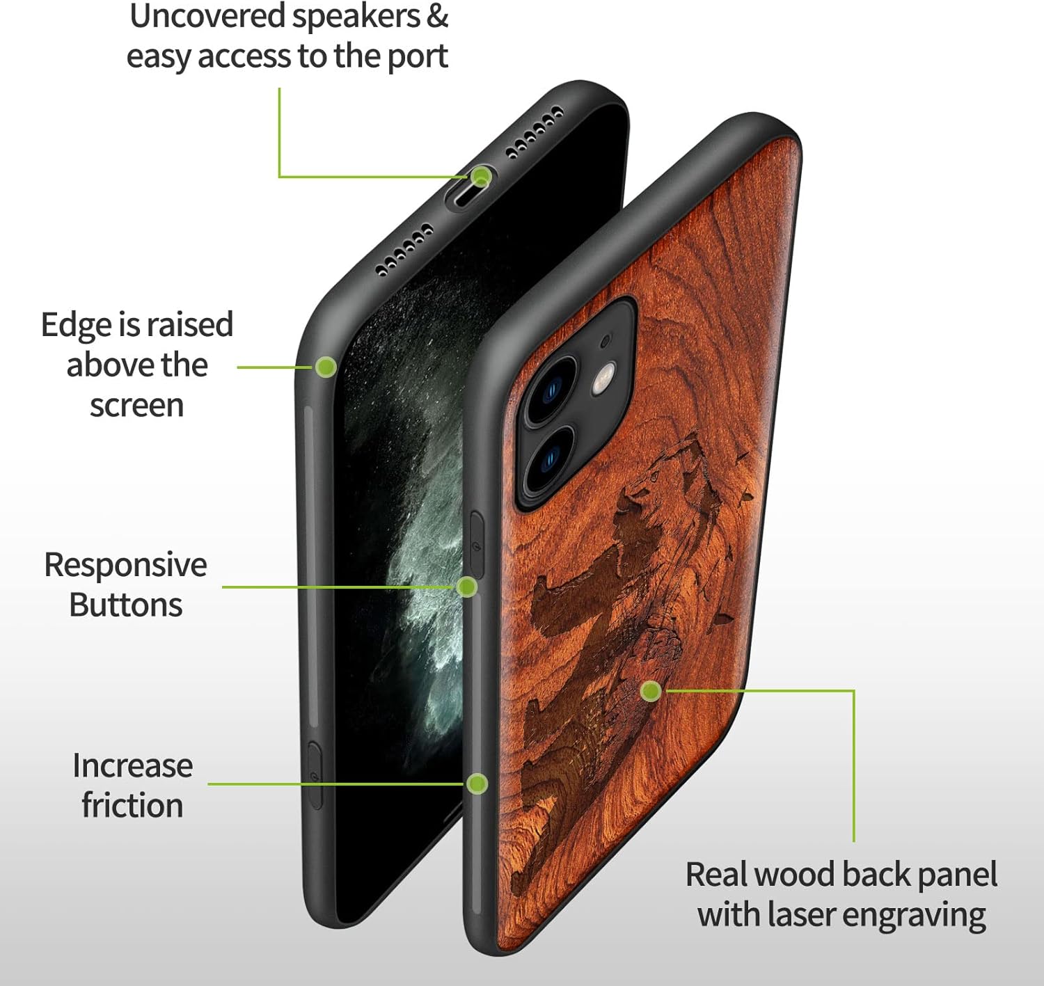 Carveit Funda de madera para iPhone 11 madera natural y TPU suave negro a prueba de golpes, funda protectora única y elegante de madera compatible