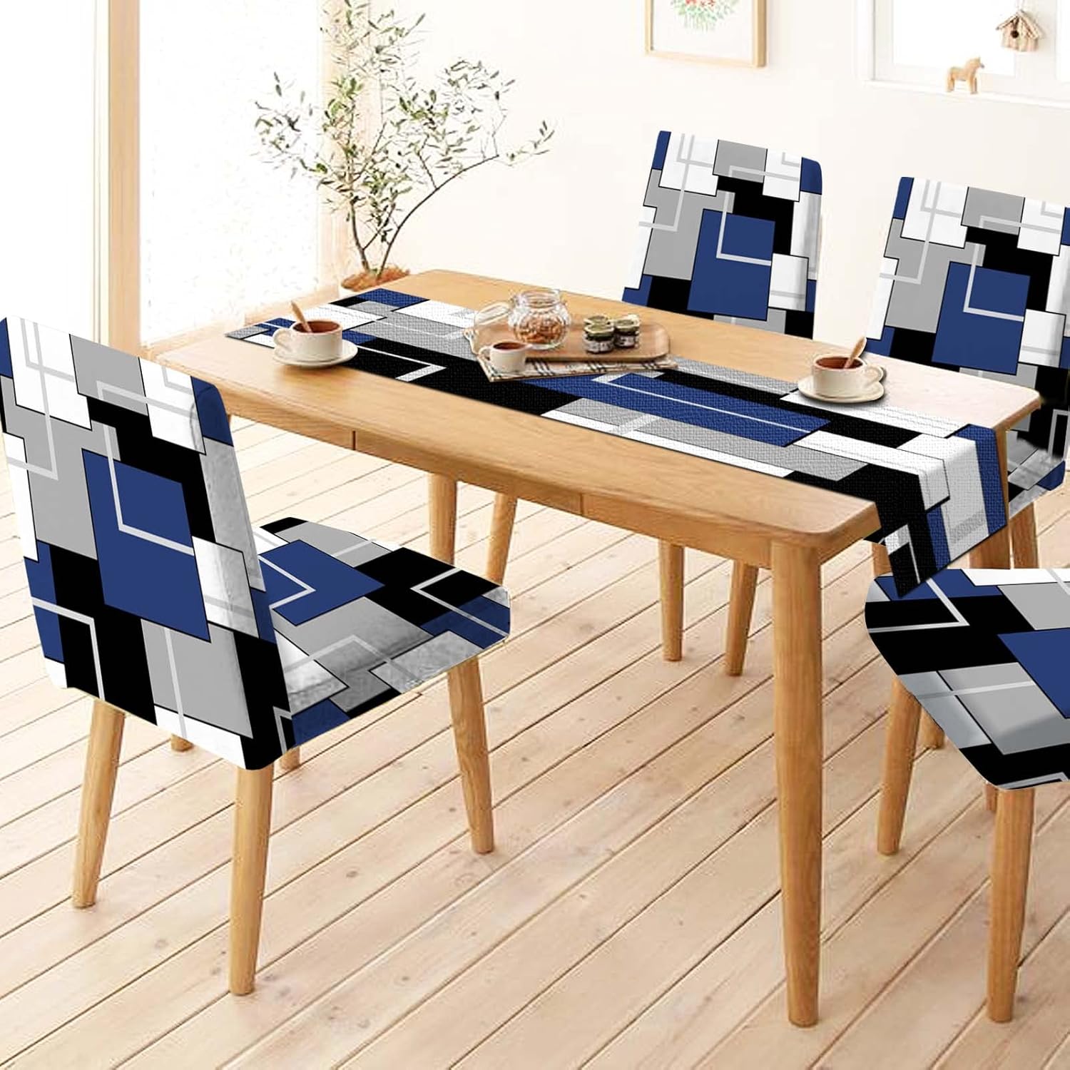 MCALK Juego de 4 fundas geométricas para sillas y camino de mesa, fundas elásticas color azul marino para cocina, protector de silla lavable