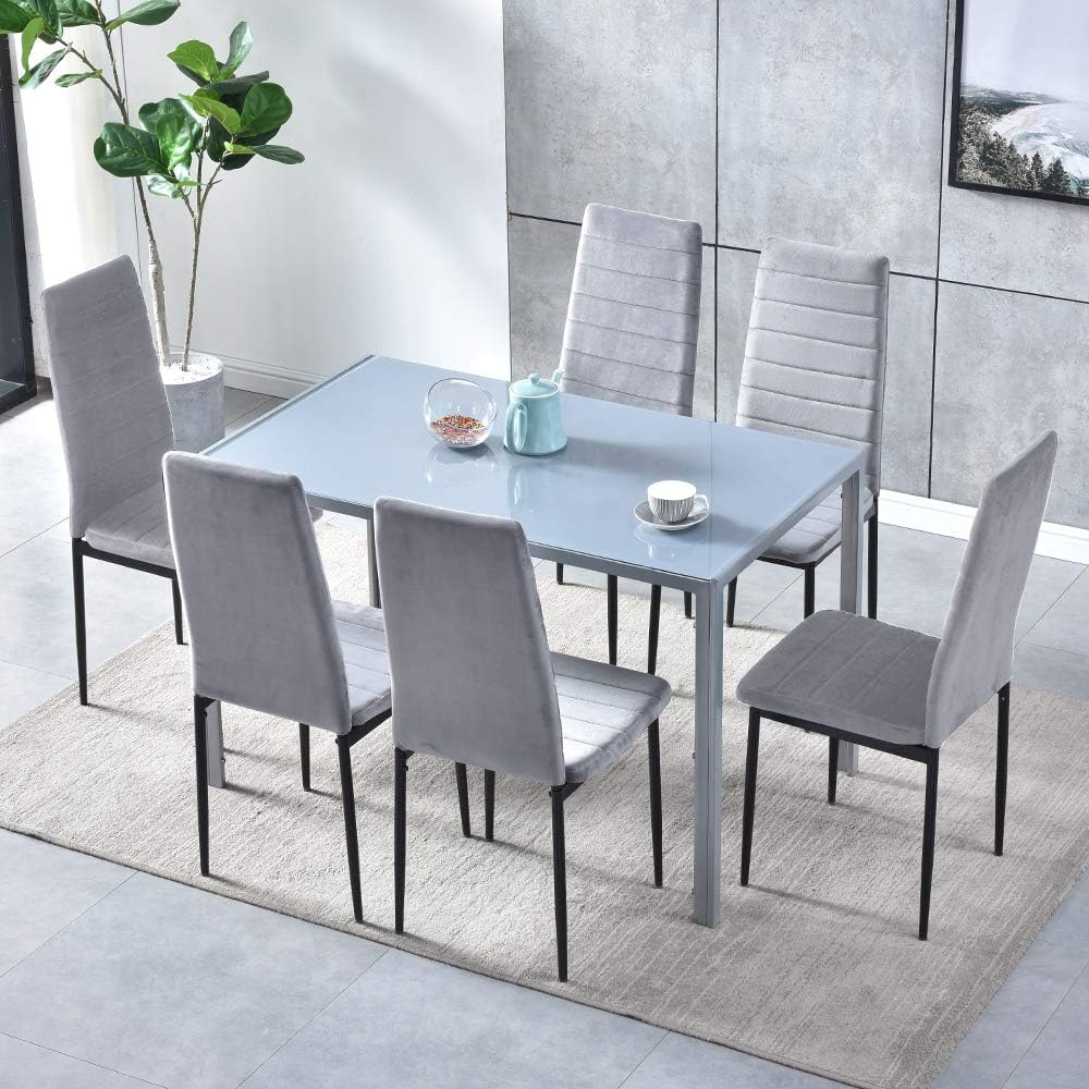 Mesa de comedor de vidrio gris rectangular con patas de metal Marco de metal Mesa de cocina de vidrio para 4 personas (gris)