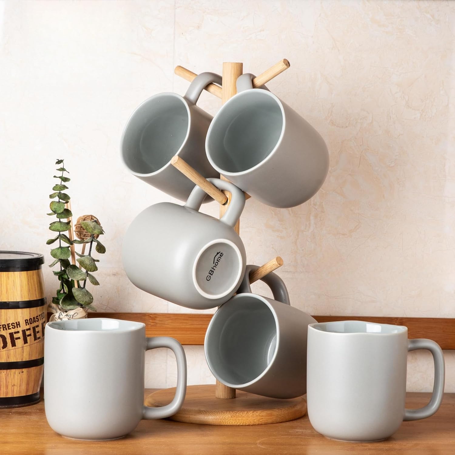 Juego de 6 tazas de café de 16 onzas, tazas de café de cerámica con mango grande y borde ondulado para café con leche, cacao caliente, té, tazas de