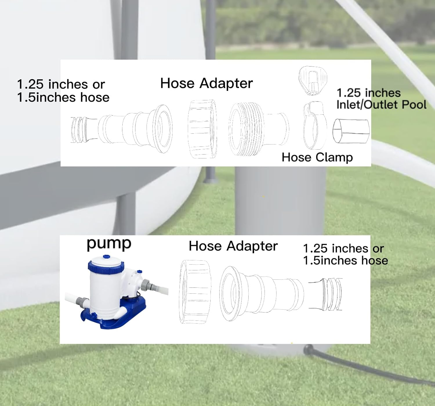 Paquete de 4 adaptadores de manguera de piscina, juegos de adaptadores de manguera de repuesto para piscinas sobre el suelo 2 adaptadores de