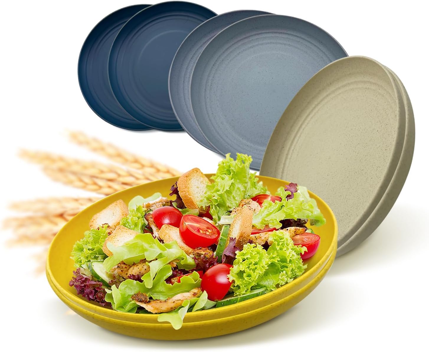 Yemyep Juego de 8 platos de paja de trigo de 9 pulgadas, platos de plástico irrompibles, reutilizables, aptos para microondas y lavavajillas, platos