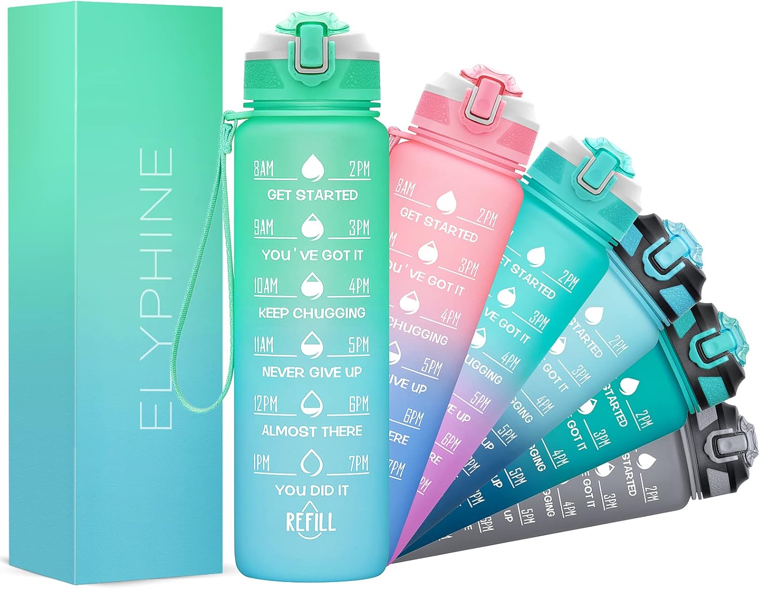 ELYPHINE – Botellas de agua de 3224onzas con pajilla extraíble y marcador de tiempo, botellas deportivas motivacionales con material Tritan sin