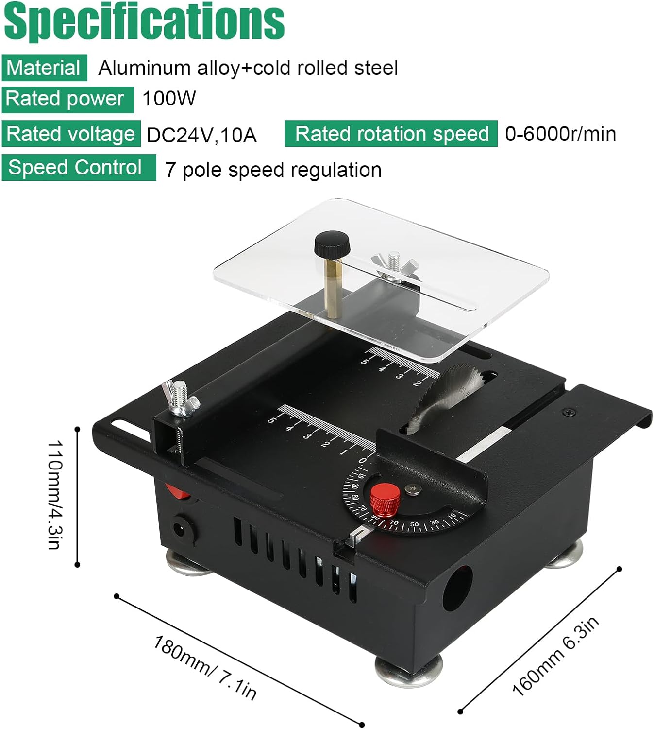 Mini sierra de mesa, sierras de mesa multifuncionales para carpintería de 100 W, ángulo de velocidad de altura ajustable, profundidad de corte de