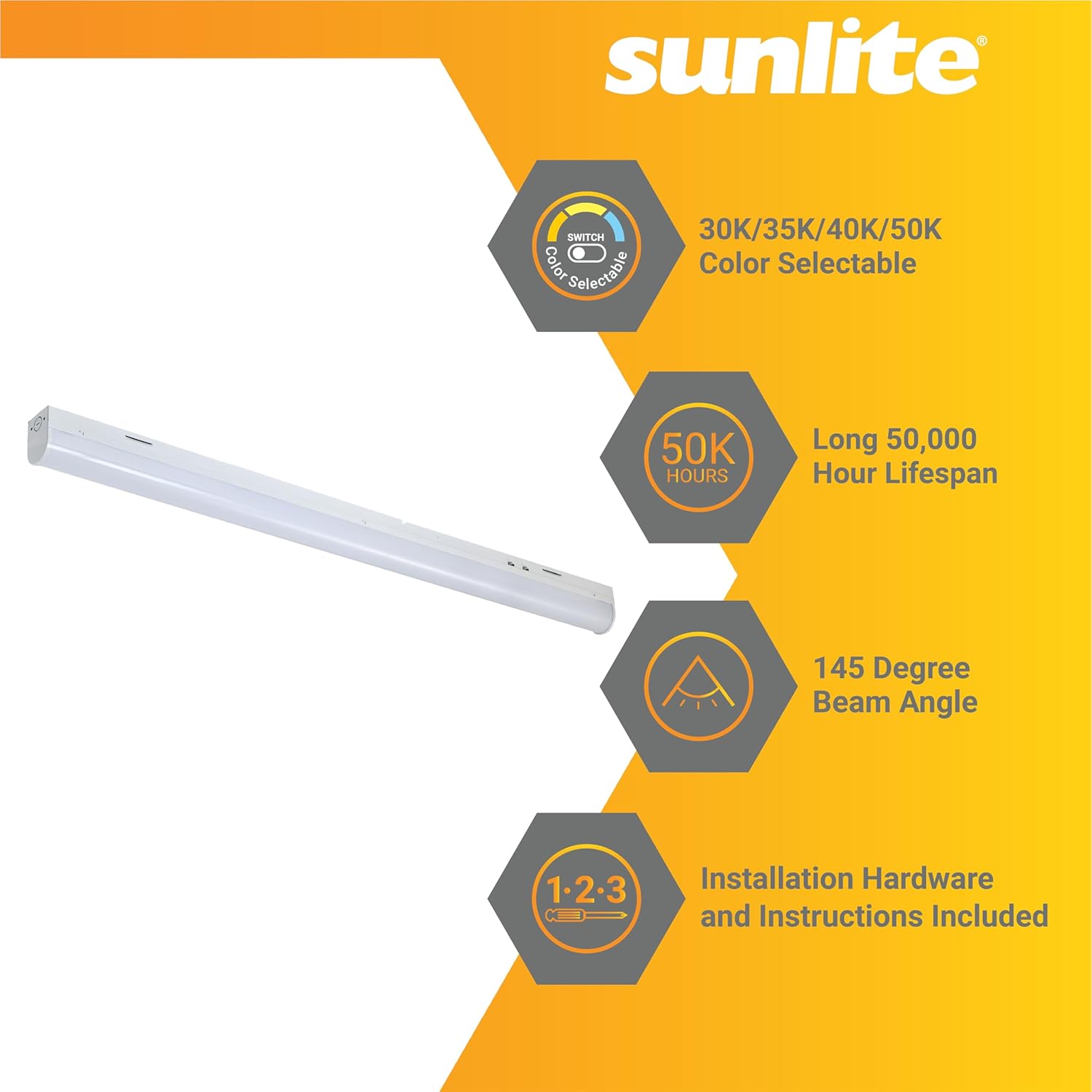 Sunlite 85467 – Tira de luz LED de 4 pies, seleccionable de potencia 25 W30 W40 W, multivoltio, 325039005200 lúmenes, seleccionable por color