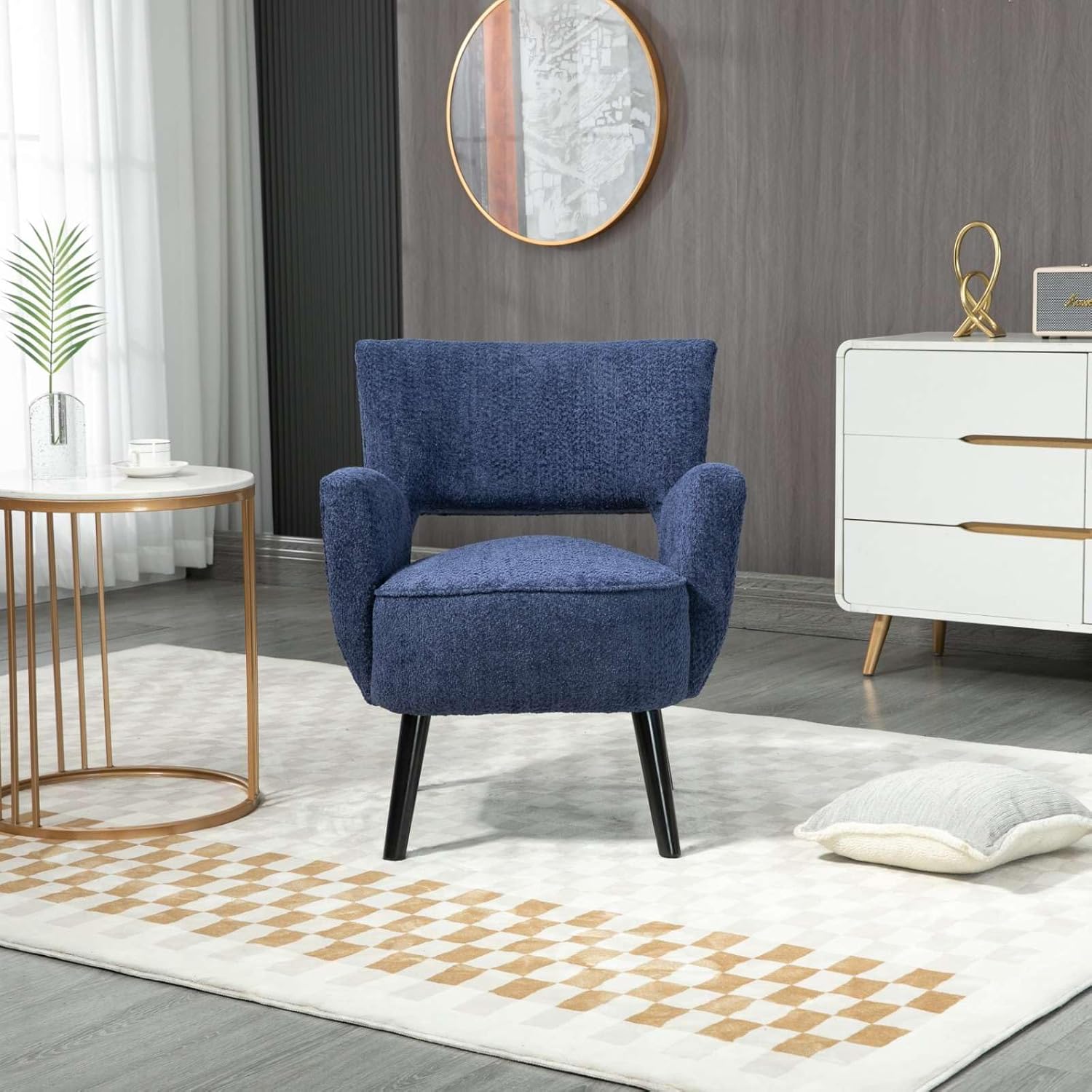 Silla decorativa de tela con asiento tapizado, moderna y elegante silla de sala de espera con brazos de madera maciza, color azul claro