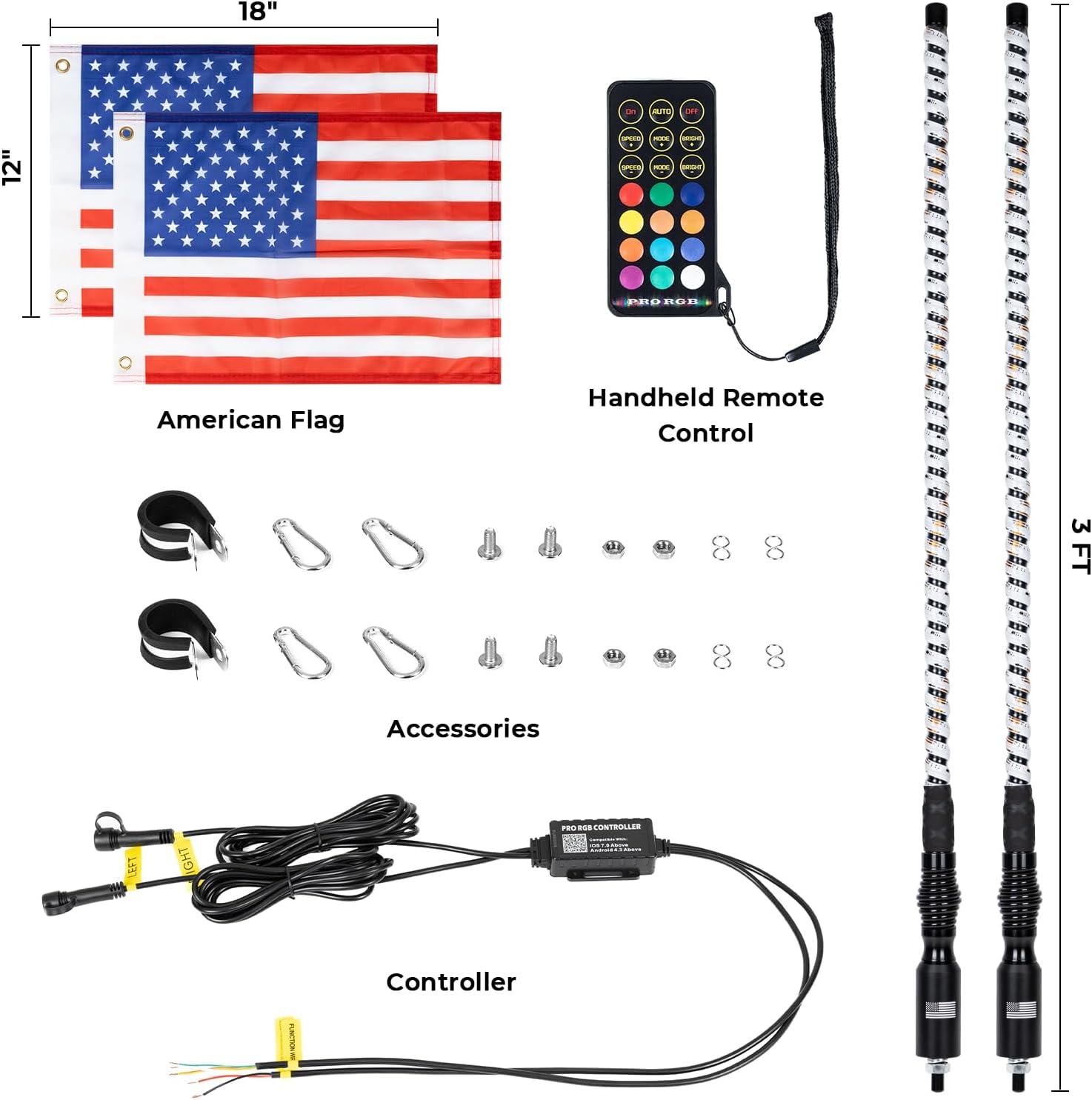 2 luces LED de látigo de 3 pies con base magnética y base de resorte, Bluetooth y control remoto RGB en espiral de 360, persecución de advertencia