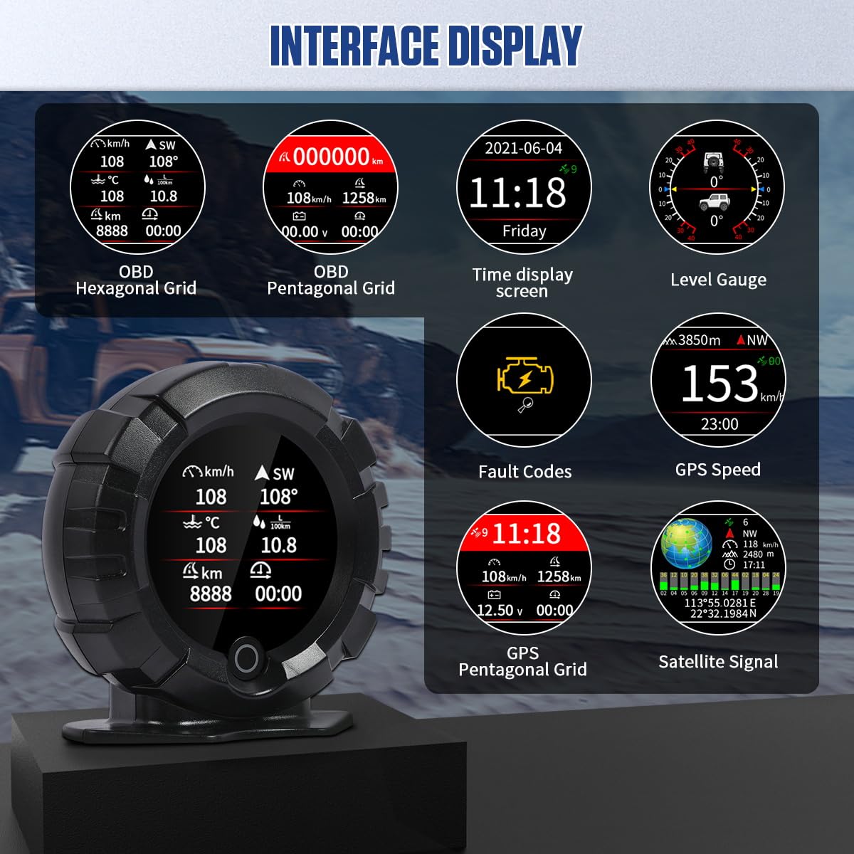 MR CARTOOL M96 Head-Up Display Car OBD Inclinómetro Digital Pitch Pitch Medidor de ángulo de pendiente Accesorios Off-Road Medidor HUD multifuncional