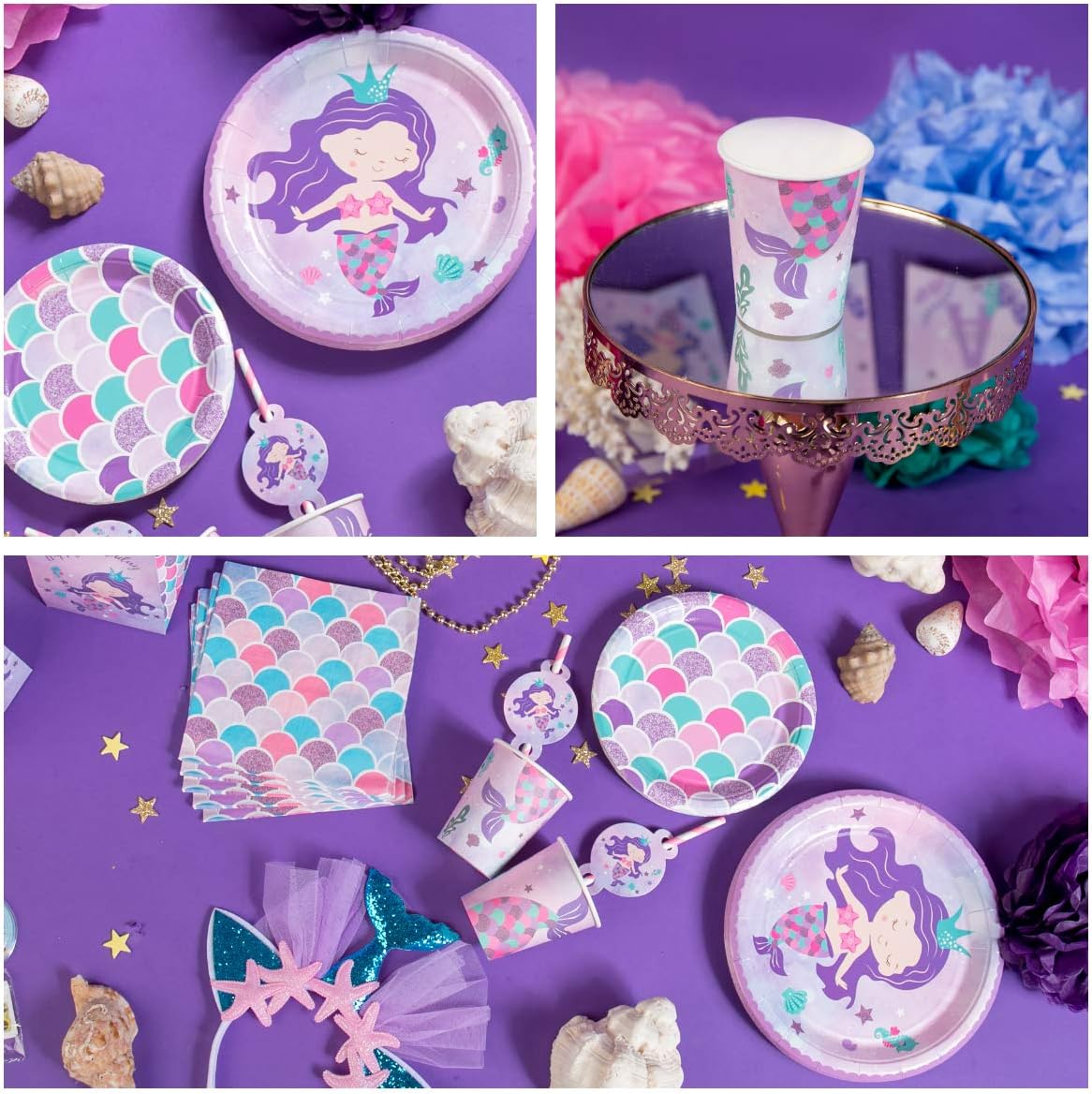 Platos y tazas de sirena y servilletas para 16 invitados  16 platos de papel grandes, platos pequeños, vasos, servilletas  Decoraciones de
