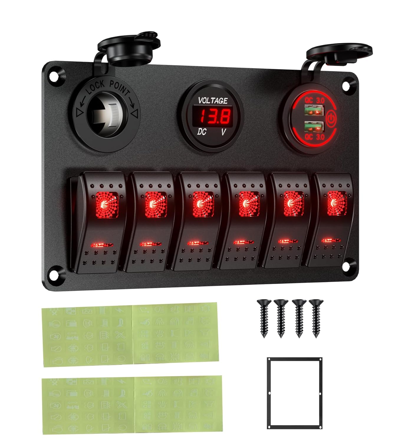 Interruptor de roker de barco marino impermeable, panel de aluminio de 6 cuadrillas con cargador de coche USB dual DC12-24V 36W y voltímetro digital