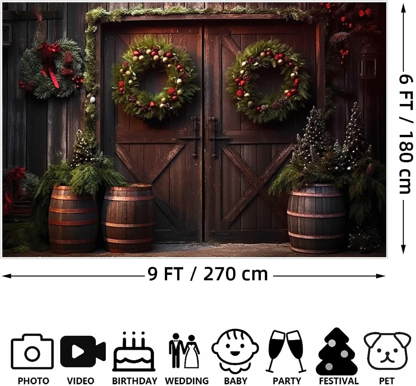 Telón de fondo de fotografía de 9 x 6 pies para Navidad, tablero de madera vintage, puerta, puerta, corona, fondo de pared, barriles, tablón de