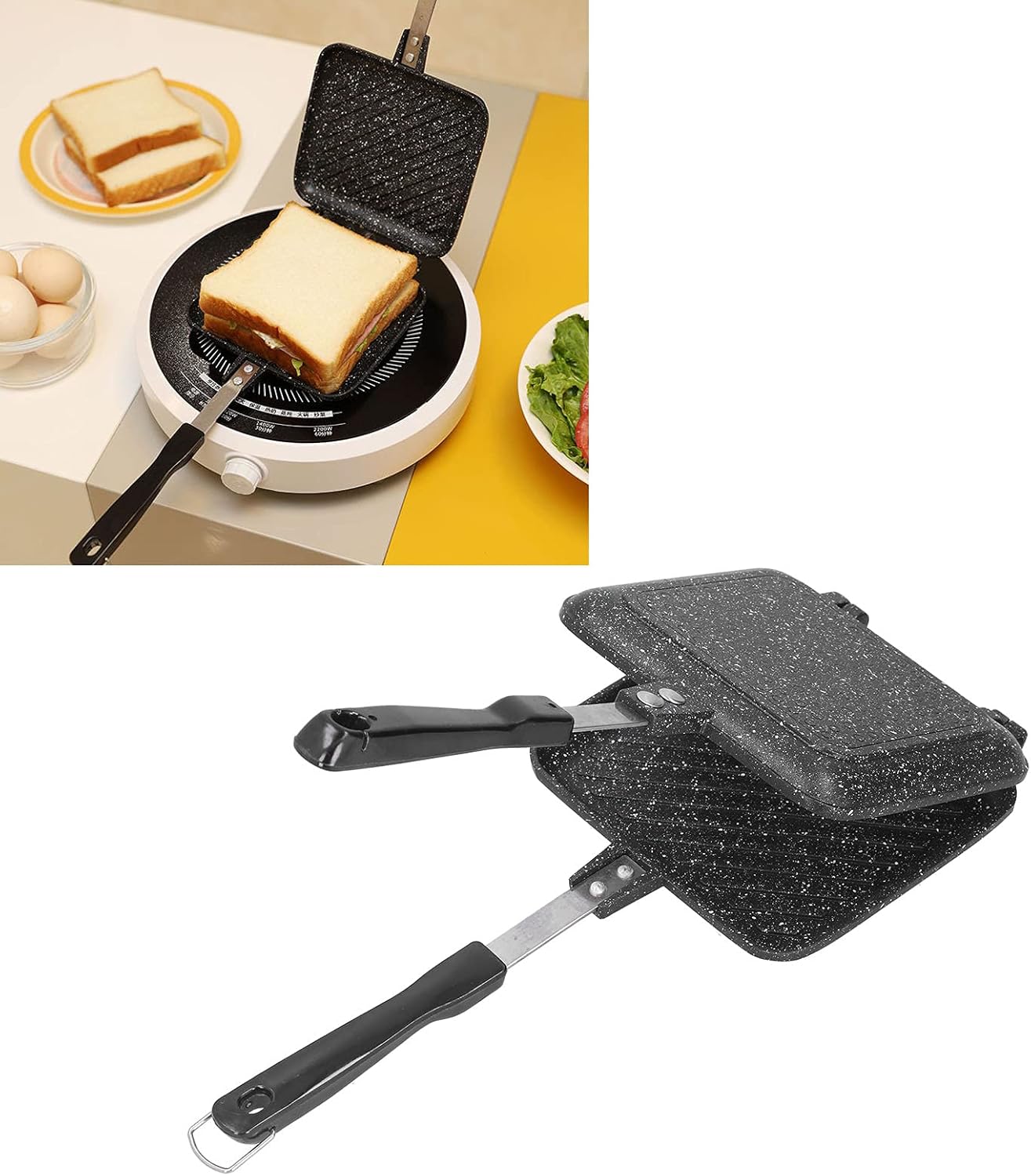 Sartén antiadherente de doble cara con asa, sandwichera, sartén antiadherente de queso a la parrilla de aluminio para desayuno, estufa de gas o