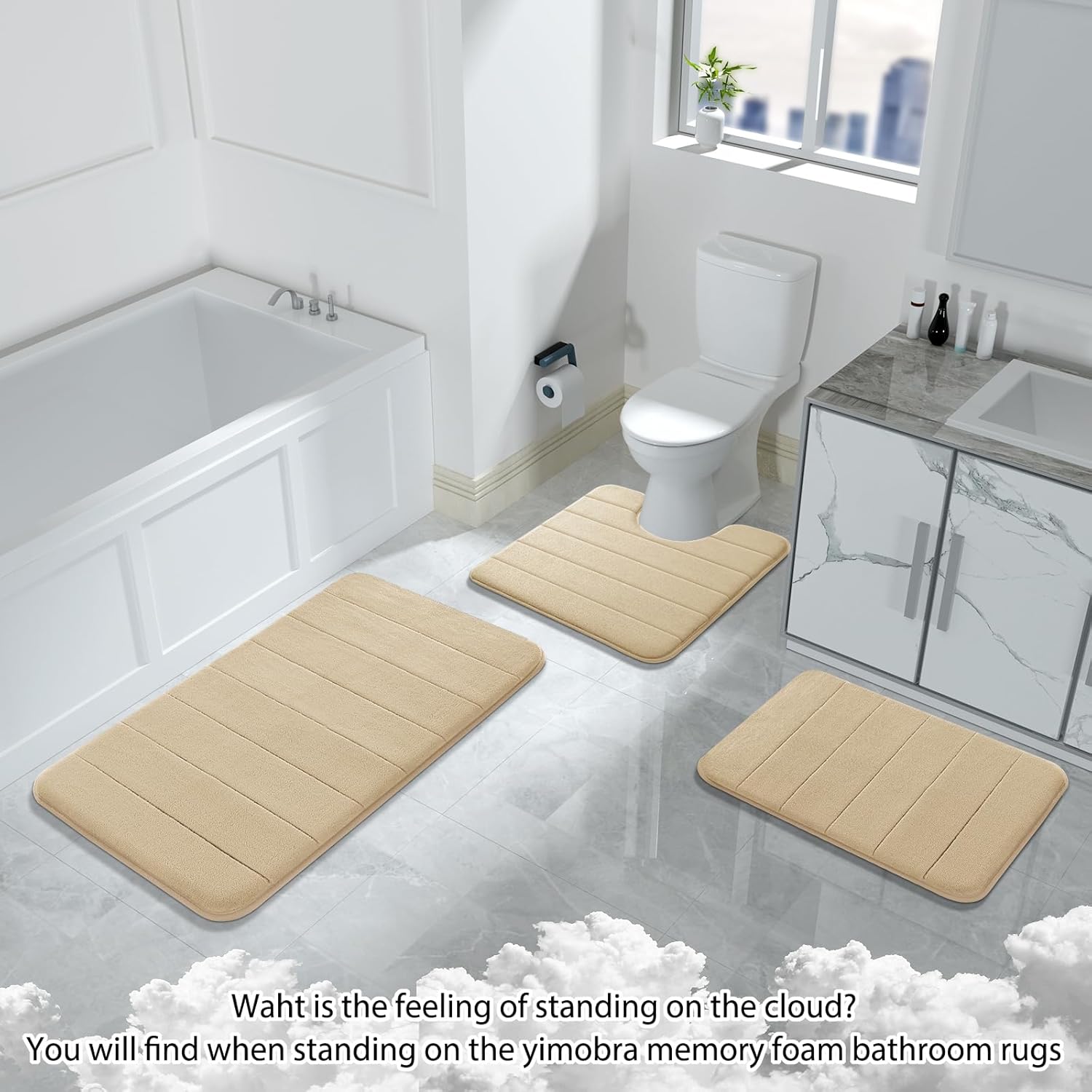 Yimobra 3 Pieces Memory Foam Bath Mat Sets, 44.1×24 + 31.5×19.8 and U-Shaped for Bathroom Rugs, Toilet Mats, Non-Slip, Soft Comfortable, Water