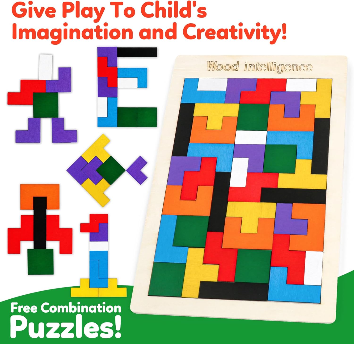 Paquete de 3 rompecabezas de bloques de madera + rompecabezas Tangram + rompecabezas hexagonales, desafío para niños y adultos de todas las edades,