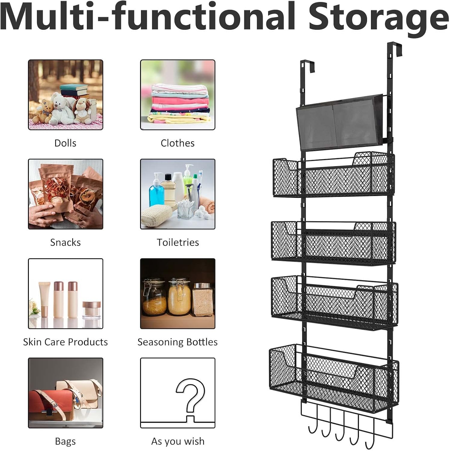 Organizador ajustable sobre la puerta, almacenamiento de puerta colgante con 4 cestas de metal y soporte de pared de bolsillo de PVC, fuerte soporte