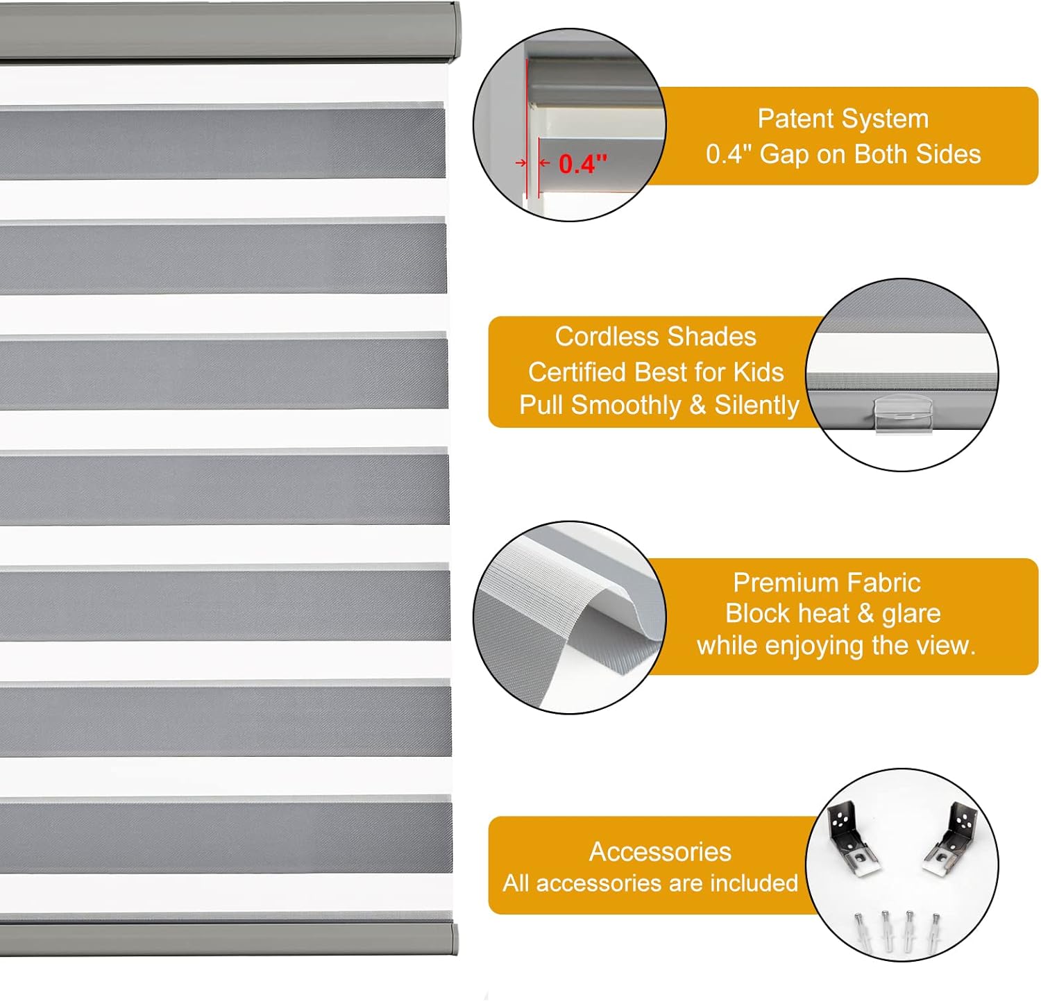 Persilux Persianas estilo cebra sin cordones para ventanas (70 pulgadas de ancho x 47 pulgadas de alto, gris), persianas de doble capa con control