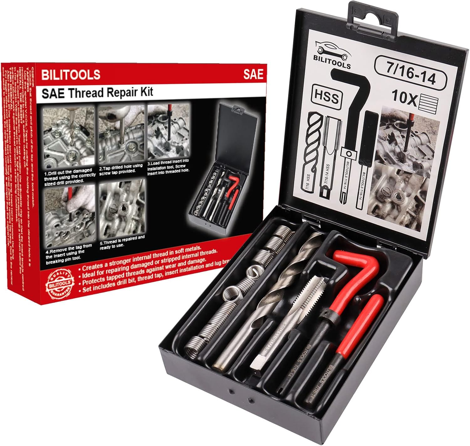 BILITOOLS Kit de reparación de roscas de 716-14 pulgadas, kit de reparación de helicoidales de taladro HSS SAE