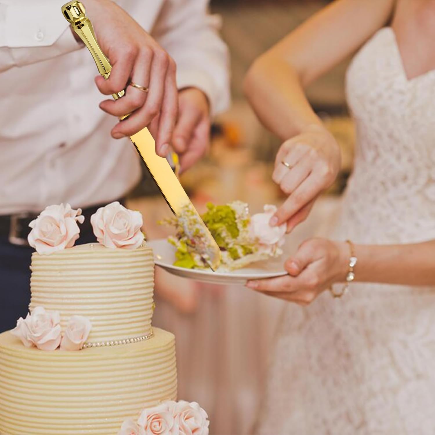 Juego de cuchillos y servidores para tartas de boda, elegantes asas de plástico doradas, juego de corte de pasteles para bodas, cumpleaños,