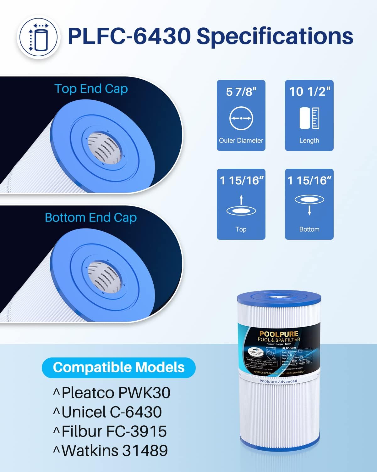 POOLPURE Filtro de spa C-6430 reemplaza a Watkins 31489, Pleatco PWK30, Filbur FC-3915, PN0969601, 71825, 73178, 73250, 30 pies cuadrados de filtro