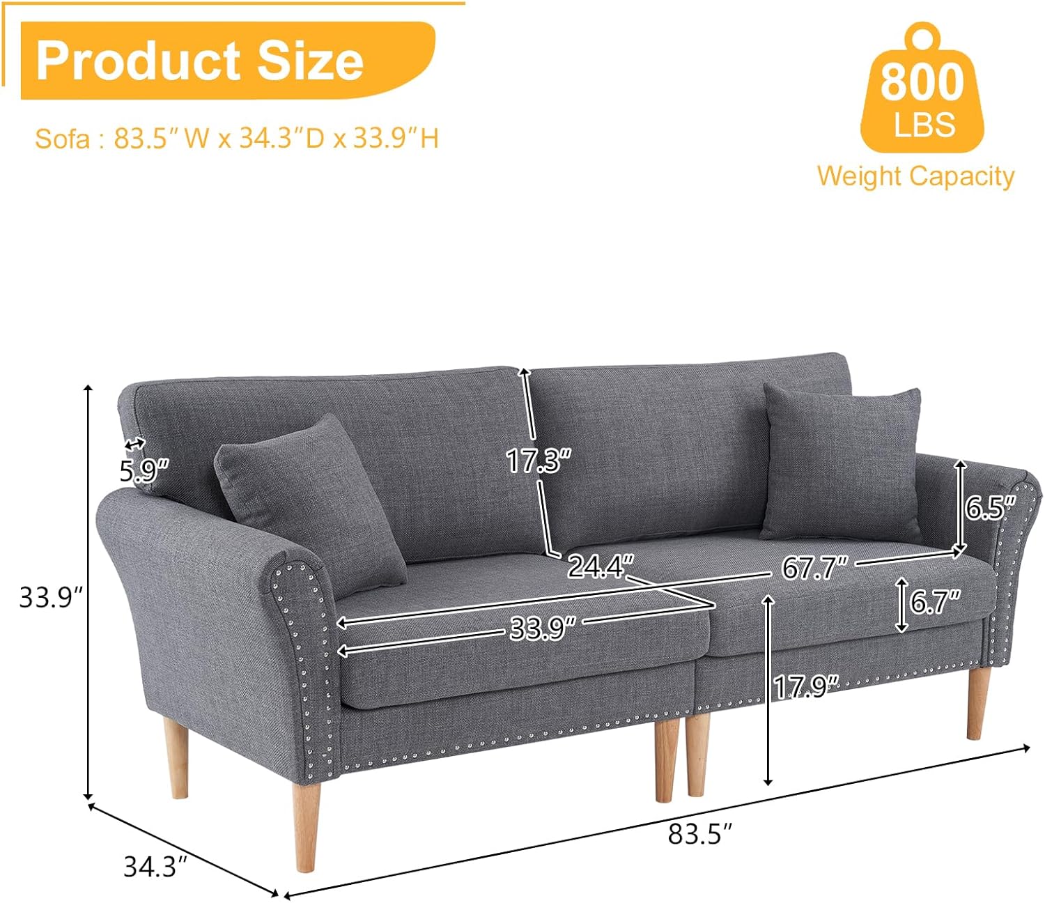 Sofá de arpillera, sofá pequeño de tela moderna, patas de madera maciza, sofás de 2 plazas con 2 almohadas, para sala de estar, dormitorio, oficina