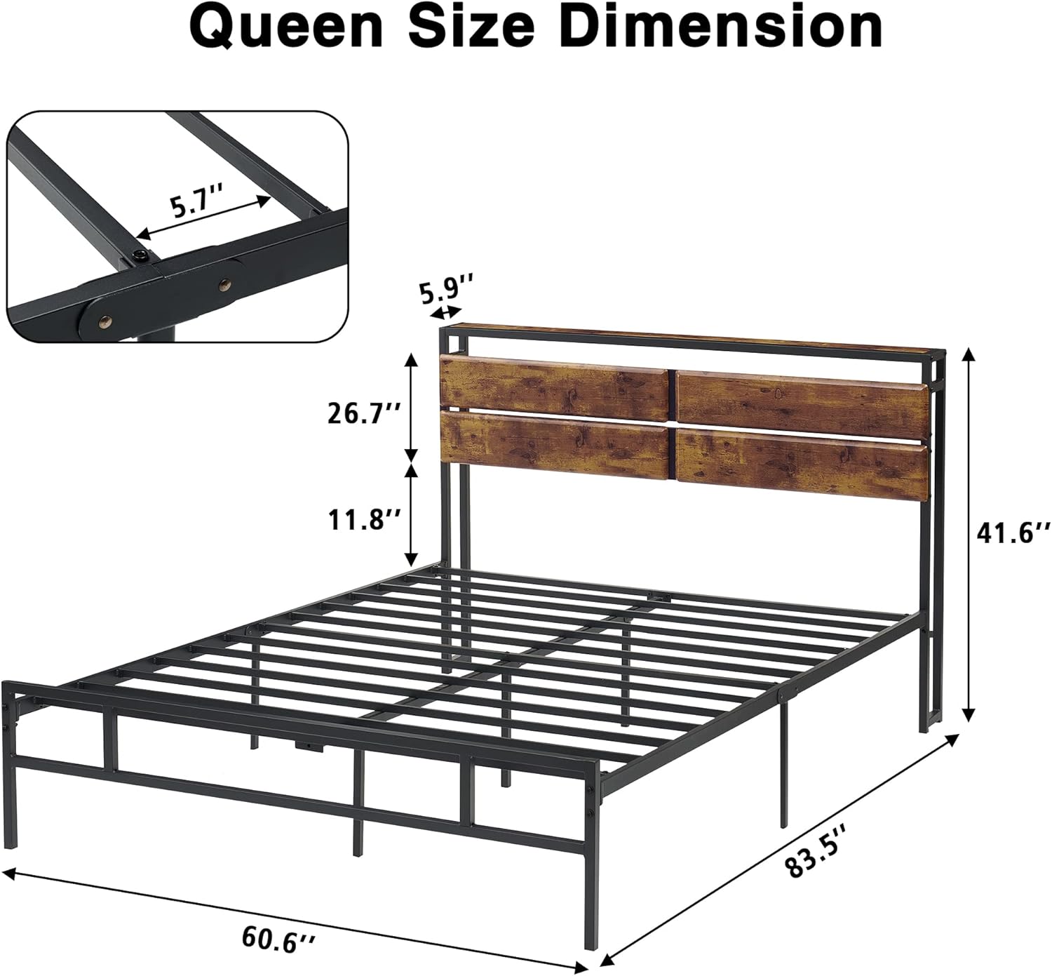 Base de cama tamaño Queen, marco de cama de plataforma de metal con cabecera de almacenamiento, cabecera de madera rústica vintage, base de colchón,