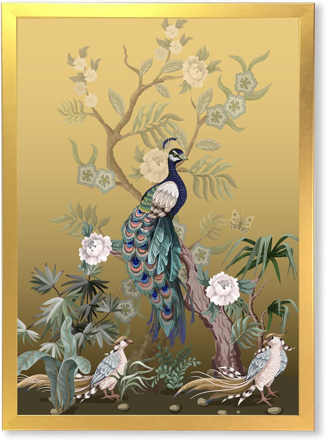 DesignQ Chinoiserie With Birds and Peonies VI – Arte de pared enmarcado tradicional, 30 x 40, FRAME35101