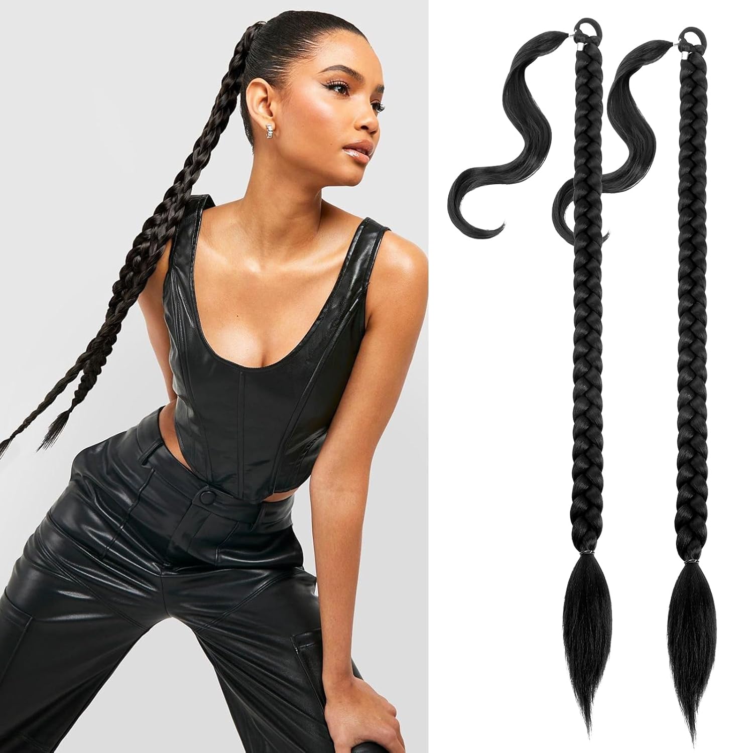 Extensión de cola de caballo, extensión de cola de caballo trenzada para mujeres negras con banda para el cabello, envoltura recta con extensión de