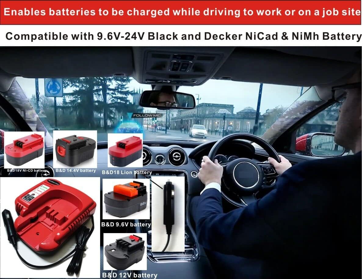 EAGLEWING Cargador de batería de coche, cargador de vehículo para Black and Decker 9.6V 12V 14.4V 18V 24V batería NiCD y NiMh Firestorm paquetes de