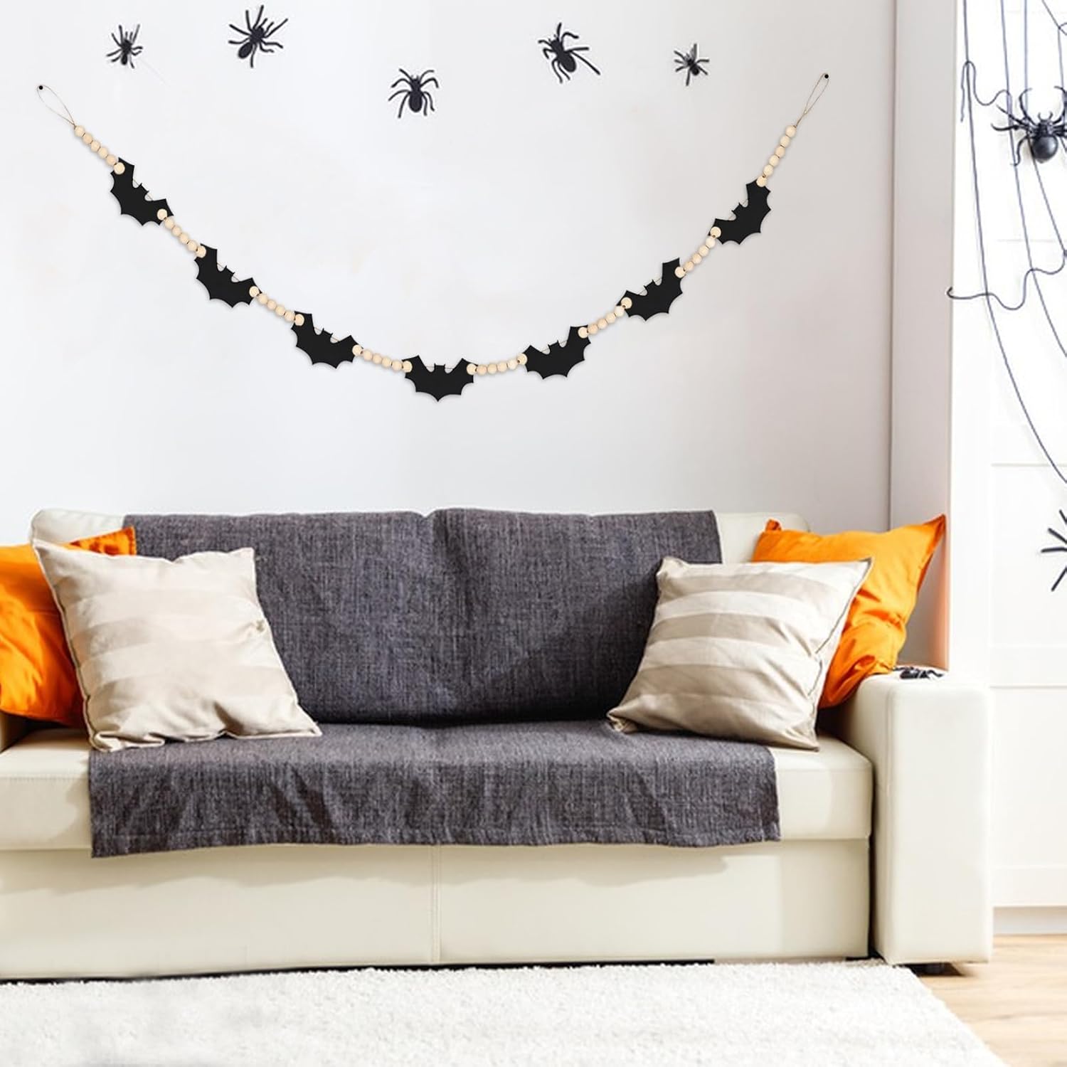 Guirnalda de 2 piezas de Halloween, madera de Halloween, murciélagos de fieltro de Halloween, guirnalda de cuentas para decoración de Halloween,