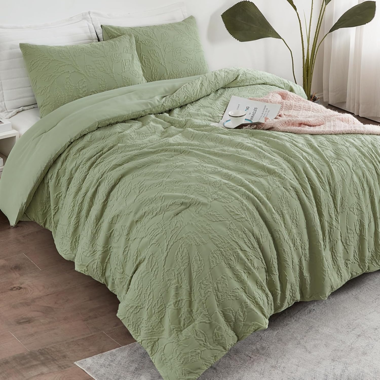ENCOFT Edredón tamaño King, edredón verde con patrón de hojas en relieve de 3 piezas, con funda de almohada, para todas las estaciones, edredón de