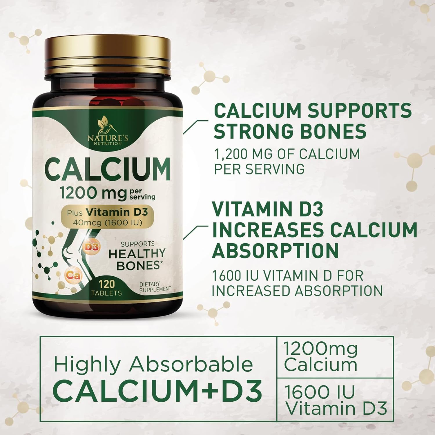 Calcio 1200 mg con vitamina D3, suplemento dietético para apoyo óseo y dental, suplementos de calcio para mujeres y hombres, carbonato de absorción