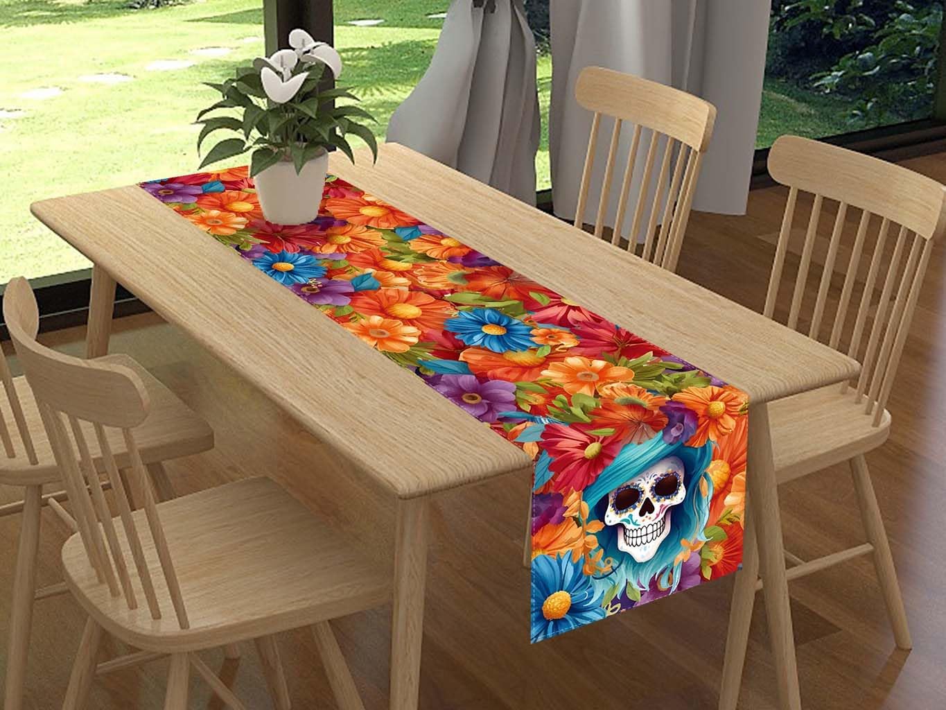 Camino de mesa de lino con diseño de calavera mexicana de 72 pulgadas de largo, diámetro de los muertos, decoración del día de los muertos para el
