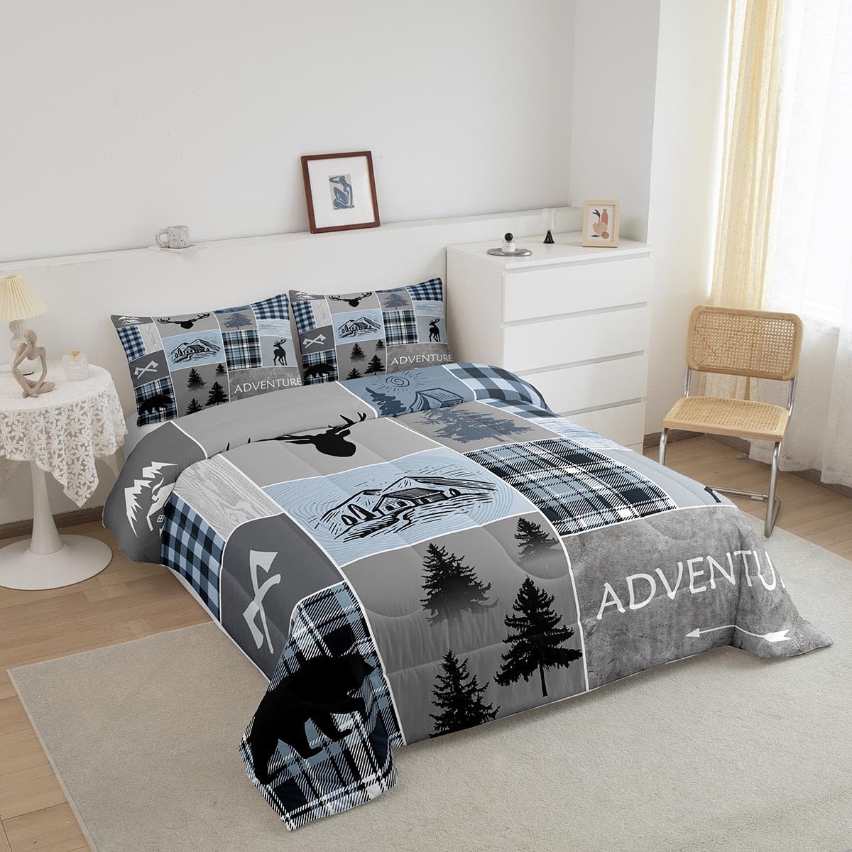 Juego de edredón de cabaña, juego de ropa de cama rústica de oso y ciervo, tamaño matrimonial para niños, adolescentes y adultos, edredón de