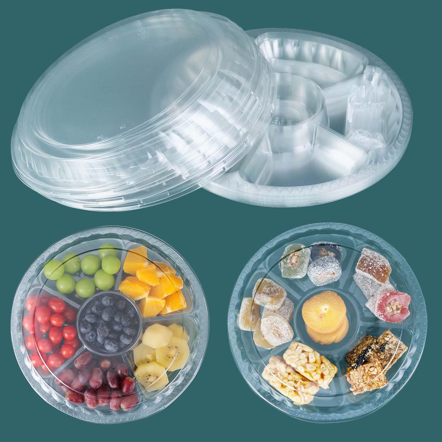 Paquete de 12 bandejas redondas para servir aperitivos con tapas con tenedor, aperitivos, bandeja de plástico para verduras, frutas, recipientes